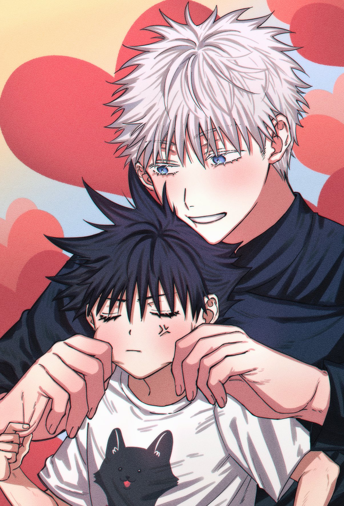 2boys aged_down anger_vein bangs black_hair black_jacket blue_eyes cheek_pinching closed_eyes fushiguro_megumi fushirun_rung gojou_satoru hands_on_another's_cheeks hands_on_another's_face heart heart_background high_collar highres jacket jujutsu_kaisen korean_commentary long_sleeves multiple_boys pinching shirt short_hair smile spiky_hair white_hair white_shirt