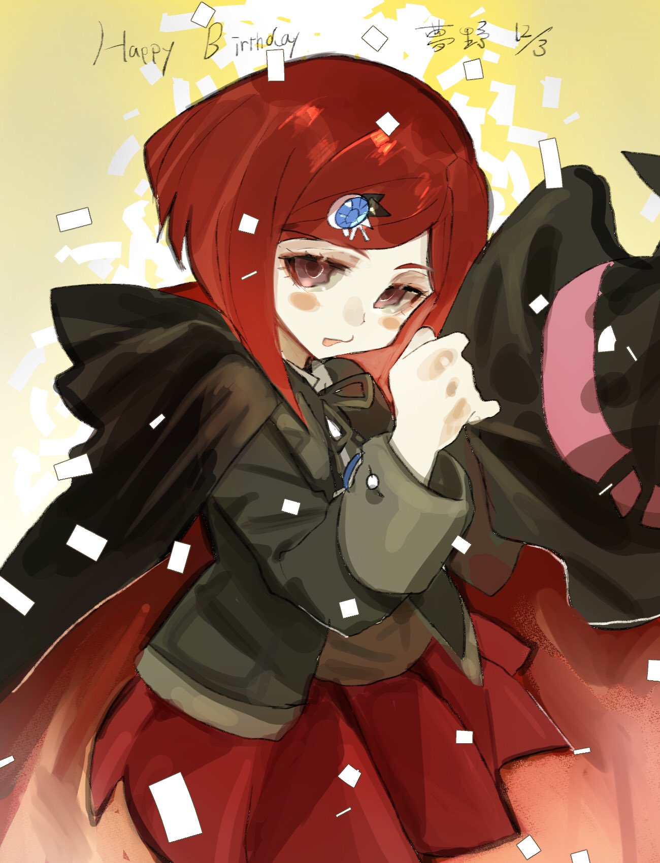 1girl bangs black_cape black_headwear black_jacket black_ribbon blush_stickers cape danganronpa_(series) danganronpa_v3:_killing_harmony hair_ornament hat highres jacket long_sleeves looking_at_viewer multicolored_background neck_ribbon open_clothes open_jacket open_mouth pleated_skirt red_cape red_skirt redhead ribbon school_uniform shiny shiny_hair shirt short_hair skirt smile talesofmea white_background witch_hat yumeno_himiko