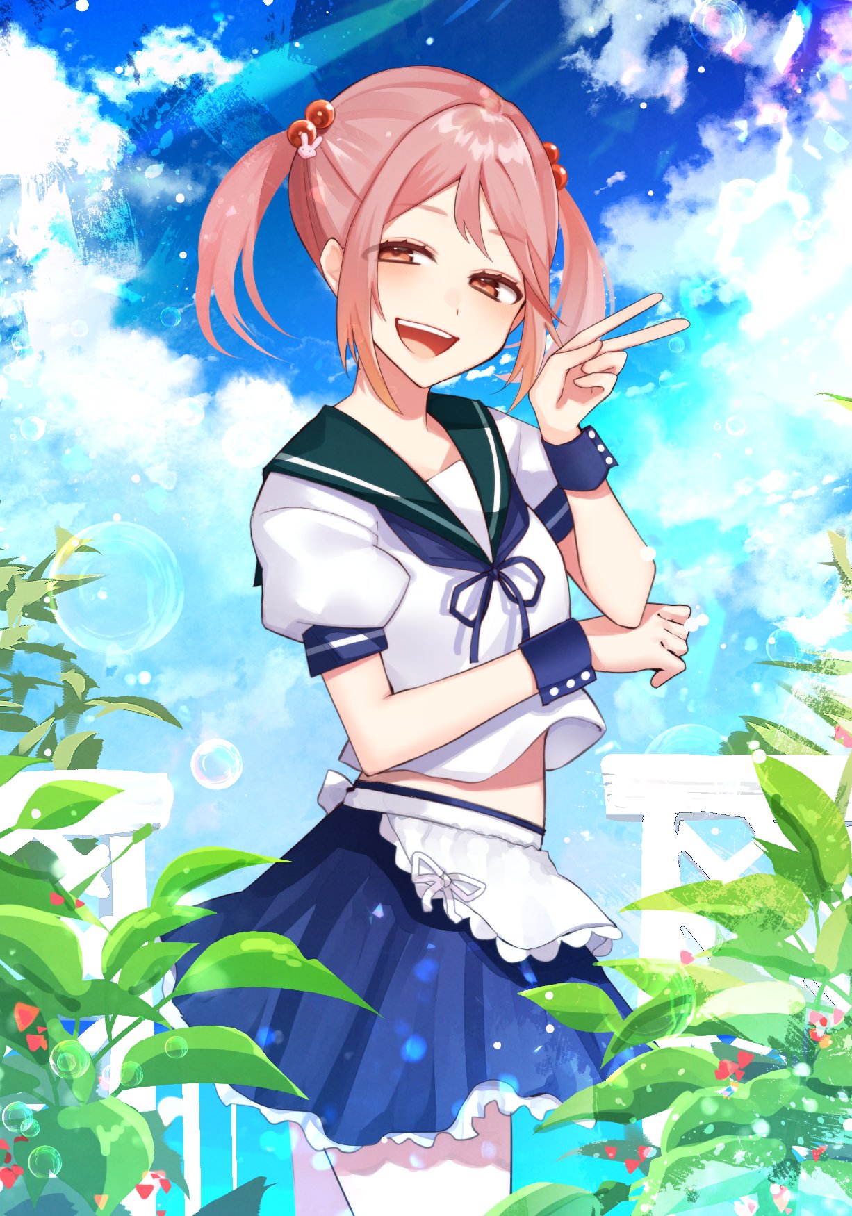 1girl air_bubble apron blue_neckerchief blue_sailor_collar blue_skirt blue_sky bubble clouds cowboy_shot day frilled_apron frills hair_bobbles hair_ornament highres kantai_collection katsuobushi_(eba_games) neckerchief outdoors pink_eyes pink_hair plant pleated_skirt sailor_collar sazanami_(kancolle) sazanami_kai_(kancolle) school_uniform serafuku shirt short_hair skirt sky smile solo twintails v white_apron white_shirt wrist_cuffs