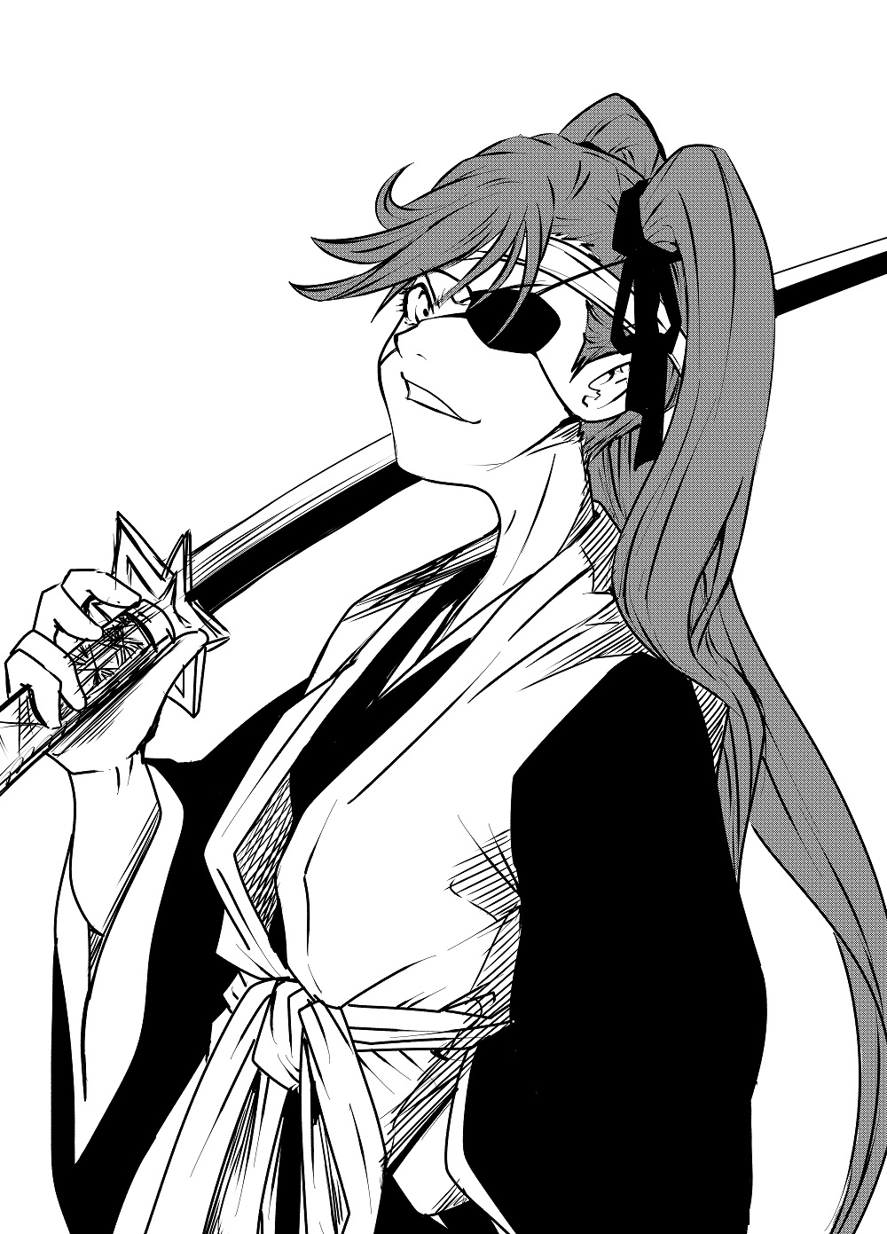 1girl bangs black_ribbon bleach bleach:_the_thousand-year_blood_war dbz_(misaki339) eyepatch greyscale hair_between_eyes haori highres holding holding_sword holding_weapon japanese_clothes katana long_hair looking_at_viewer monochrome over_shoulder ribbon saitou_furoufushi shinigami smile solo sword sword_over_shoulder twintails weapon weapon_over_shoulder white_background