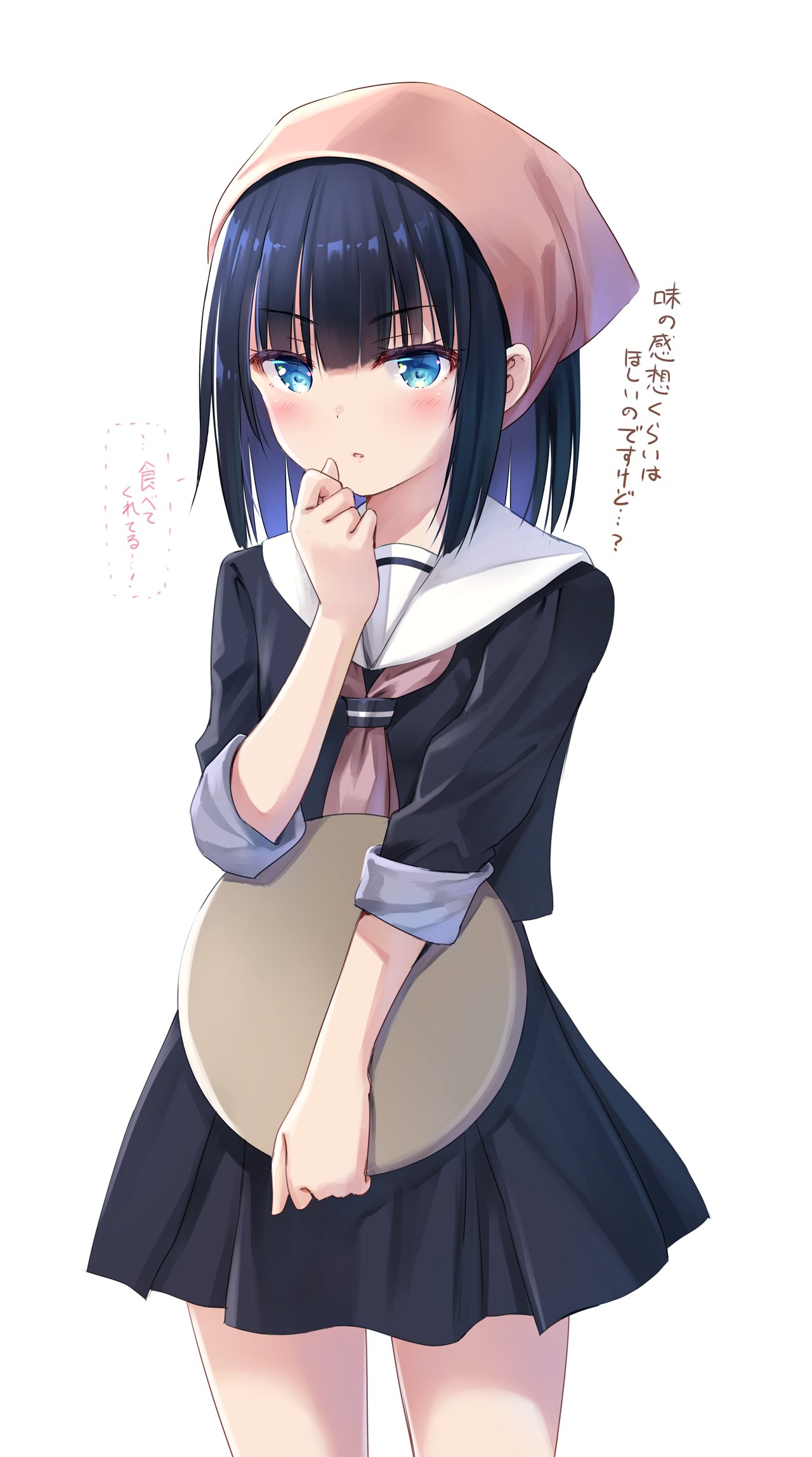 1girl bangs black_hair black_serafuku black_skirt blue_eyes blush commentary_request cowboy_shot hand_up head_scarf highres holding holding_tray looking_at_viewer medium_hair na-ga neckerchief original parted_lips sailor_collar school_uniform serafuku sidelocks simple_background skirt sleeves_rolled_up solo standing translation_request tray waitress white_background white_sailor_collar