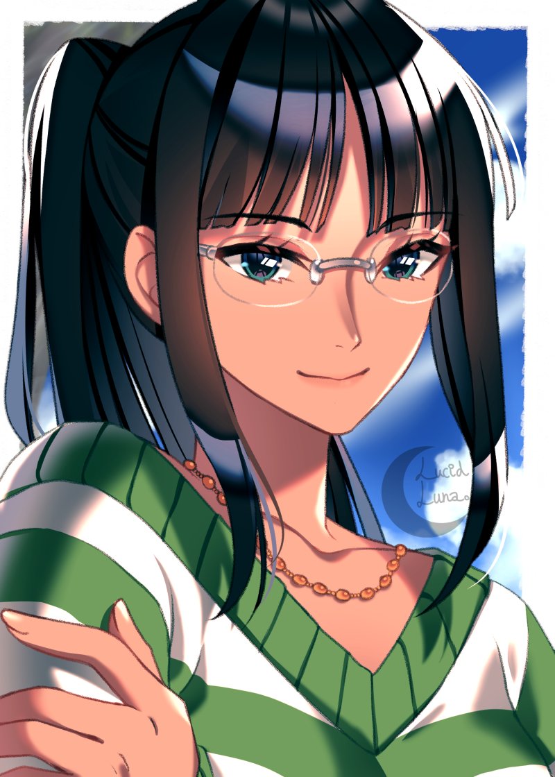 1girl bangs black_hair blue_eyes closed_mouth collarbone glasses jewelry long_hair lucid_luna necklace nico_robin one_piece one_piece:_strong_world ponytail portrait rimless_eyewear shiny shiny_hair smile solo striped striped_sweater sweater