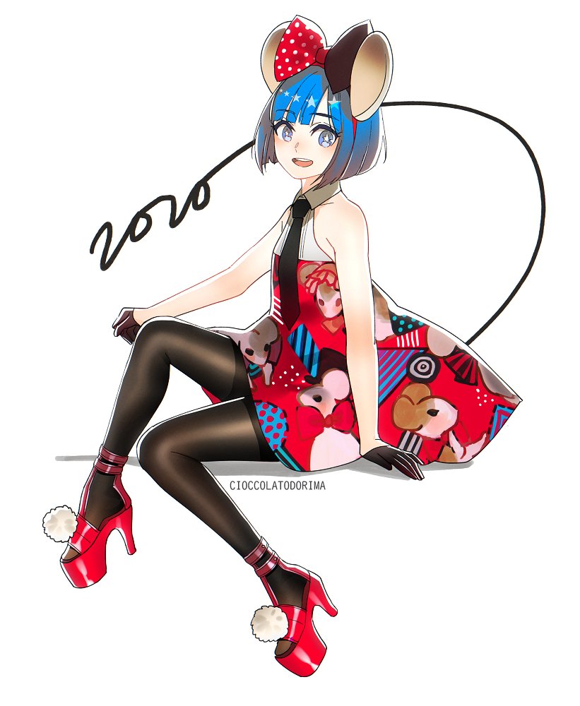 1girl 2020 :d alternate_costume animal_ears animal_print ankle_strap artist_name bangs black_bow black_gloves black_necktie black_thighhighs blue_eyes blue_hair blunt_ends bob_cut bow bow_hairband chinese_zodiac cioccolatodorima clenched_hand collared_dress commentary dress english_commentary fake_animal_ears full_body gloves hairband half_gloves high_heels looking_at_viewer luna_(planetary_moe) mouse_ears mouse_print necktie planetary_moe platform_footwear polka_dot polka_dot_bow pom_pom_(clothes) red_bow red_dress red_footwear red_hairband short_hair simple_background sitting sleeveless sleeveless_dress smile solo star-shaped_pupils star_(symbol) symbol-shaped_pupils teeth thigh-highs toeless_footwear two-tone_bow upper_teeth white_background year_of_the_rat