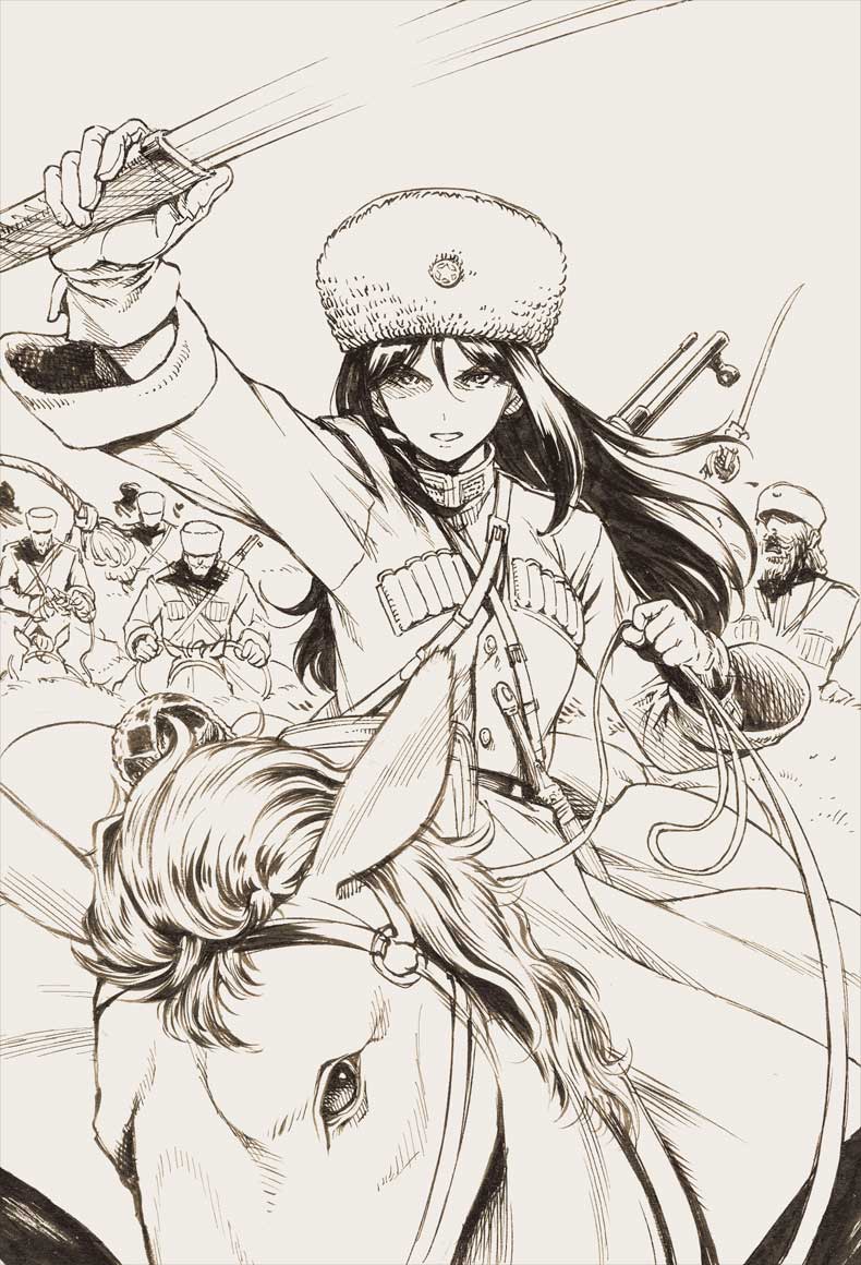 1girl army character_request fur_hat girls_und_panzer greyscale hat holding holding_sword holding_weapon horseback_riding katana long_hair looking_at_viewer military military_uniform monochrome parted_lips riding sabaku_chitai solo_focus sword traditional_media uniform ushanka weapon