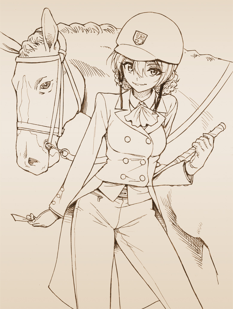 1girl ascot braid buttons contrapposto double-breasted girls_und_panzer gloves hat holding horse long_sleeves looking_at_viewer monochrome orange_pekoe_(girls_und_panzer) pants riding_crop sabaku_chitai smile solo tailcoat traditional_media