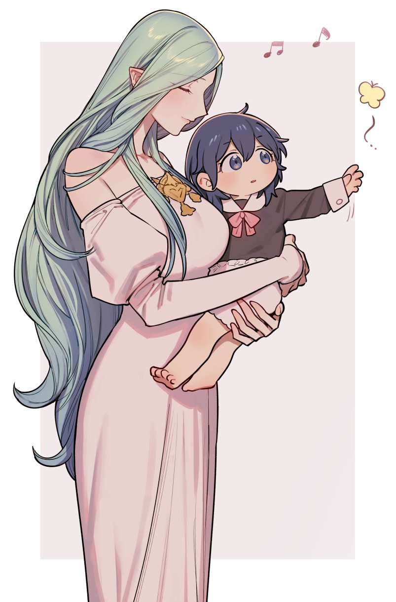 2girls aged_down blue_eyes blue_hair blush breasts bug butterfly byleth_(fire_emblem) byleth_eisner_(female) carrying child closed_eyes closed_mouth detached_sleeves dress female_child fire_emblem fire_emblem:_three_houses green_hair hair_between_eyes highres ikarin large_breasts long_hair long_sleeves multiple_girls musical_note parted_lips pointy_ears rhea_(fire_emblem) simple_background two-tone_background very_long_hair