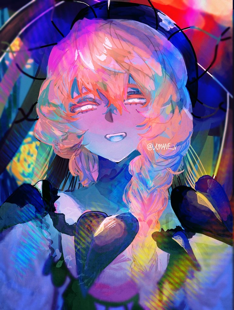 1girl bangs bare_shoulders beret black_dress black_headwear blue_skin blue_tongue blurry braid colored_skin colored_tongue colorful depth_of_field dress fate/grand_order fate_(series) hair_between_eyes half-closed_eyes hat head_tilt jellyfish long_hair looking_at_viewer multicolored_background multicolored_hair open_mouth orange_hair portrait shuu_(amane_v) side_braid single_braid smile solo swirl twitter_username van_gogh_(fate) van_gogh_(second_ascension)_(fate) vincent_van_gogh_(style) white_eyes