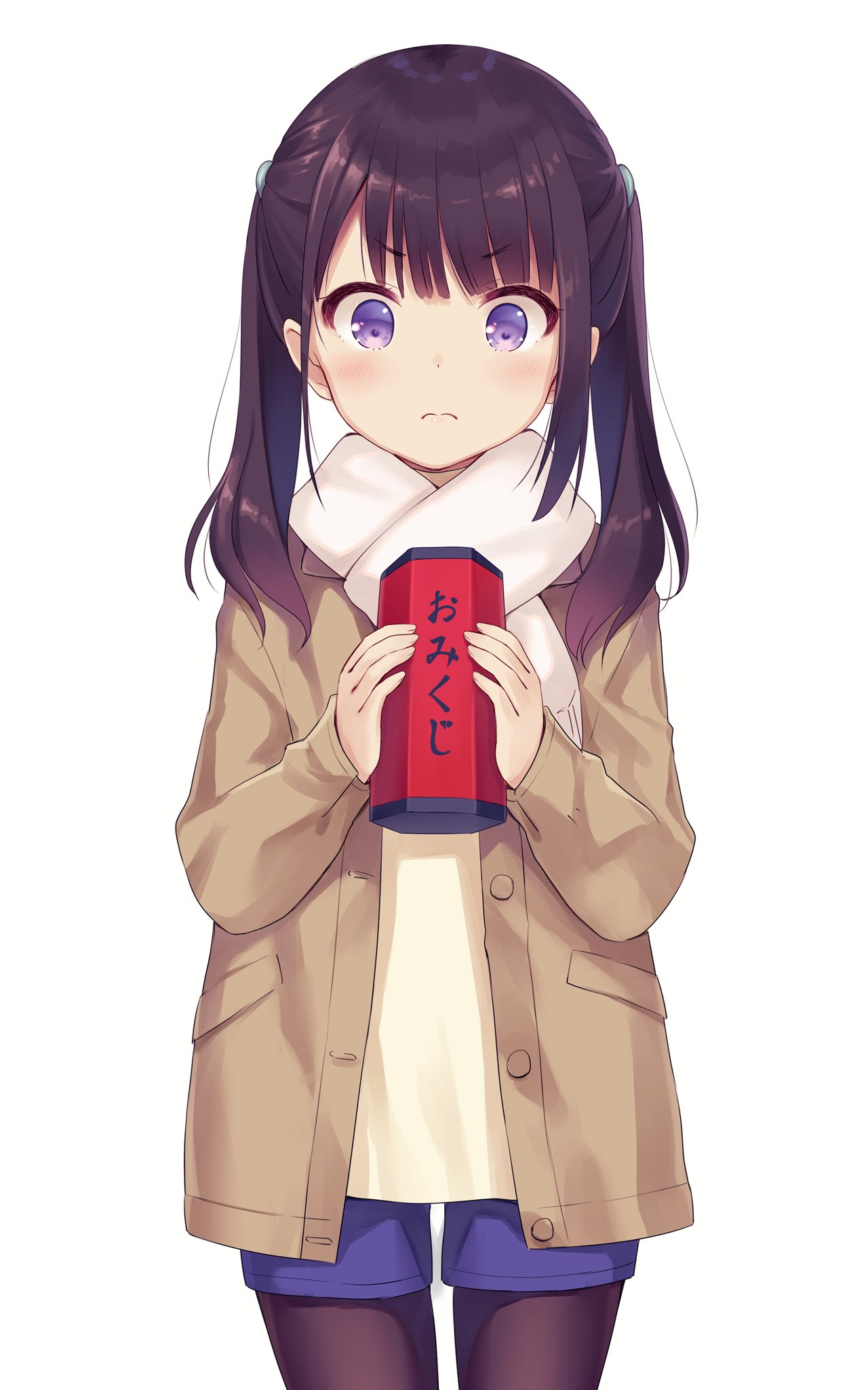 1girl 3: bangs black_hair black_pantyhose blush box brown_coat buttons closed_mouth coat commentary_request hands_up highres holding legwear_under_shorts long_hair long_sleeves looking_at_viewer na-ga open_clothes open_coat original pantyhose purple_shorts scarf short_shorts shorts sidelocks simple_background solo standing sweater translation_request twintails violet_eyes white_background white_scarf yellow_sweater