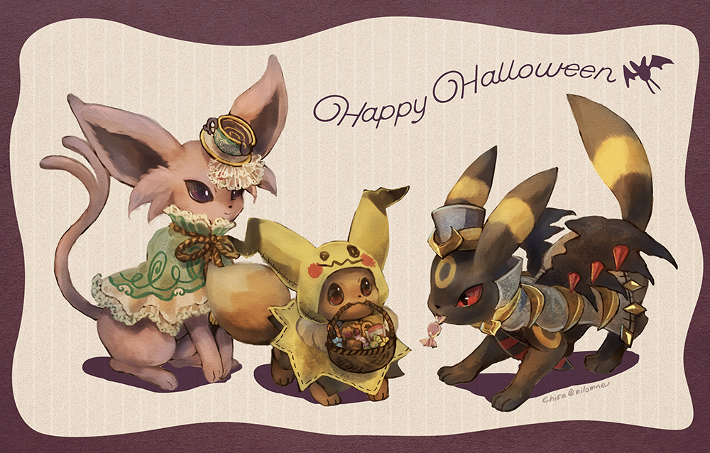 basket candy candy_wrapper closed_mouth clothed_pokemon commentary_request cosplay eevee espeon food giratina giratina_(cosplay) halloween halloween_costume happy_halloween mimikyu mimikyu_(cosplay) momomo12 mouth_hold no_humans pokemon pokemon_(creature) sinistea sinistea_(cosplay) smile umbreon violet_eyes zubat