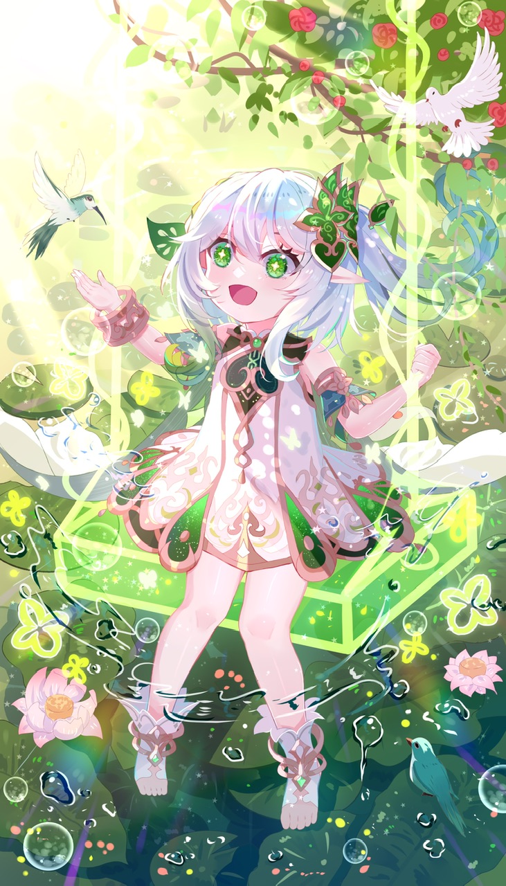 1girl :d bangs blurry bracelet braid cape commentary_request crystalfly_(genshin_impact) depth_of_field detached_sleeves dress flower forest genshin_impact gradient_hair green_eyes hair_between_eyes hair_ornament highres holding jewelry long_hair looking_away looking_up multicolored_hair nahida_(genshin_impact) nature pointy_ears short_sleeves side_ponytail sidelocks single_braid sitting smile solo stirrup_legwear swing symbol-shaped_pupils toeless_legwear toes tree viclim-monou white_dove white_dress white_hair