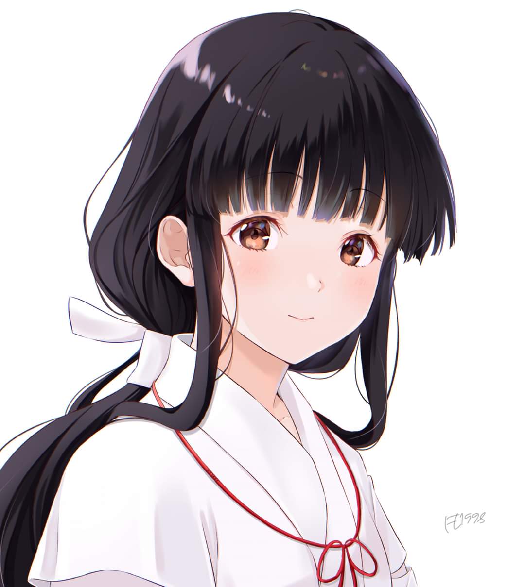 1girl black_hair blush ft1998 hair_ribbon highres inuyasha japanese_clothes kikyou_(inuyasha) kimono long_hair orange_hair ribbon smile white_background white_kimono white_ribbon yukata