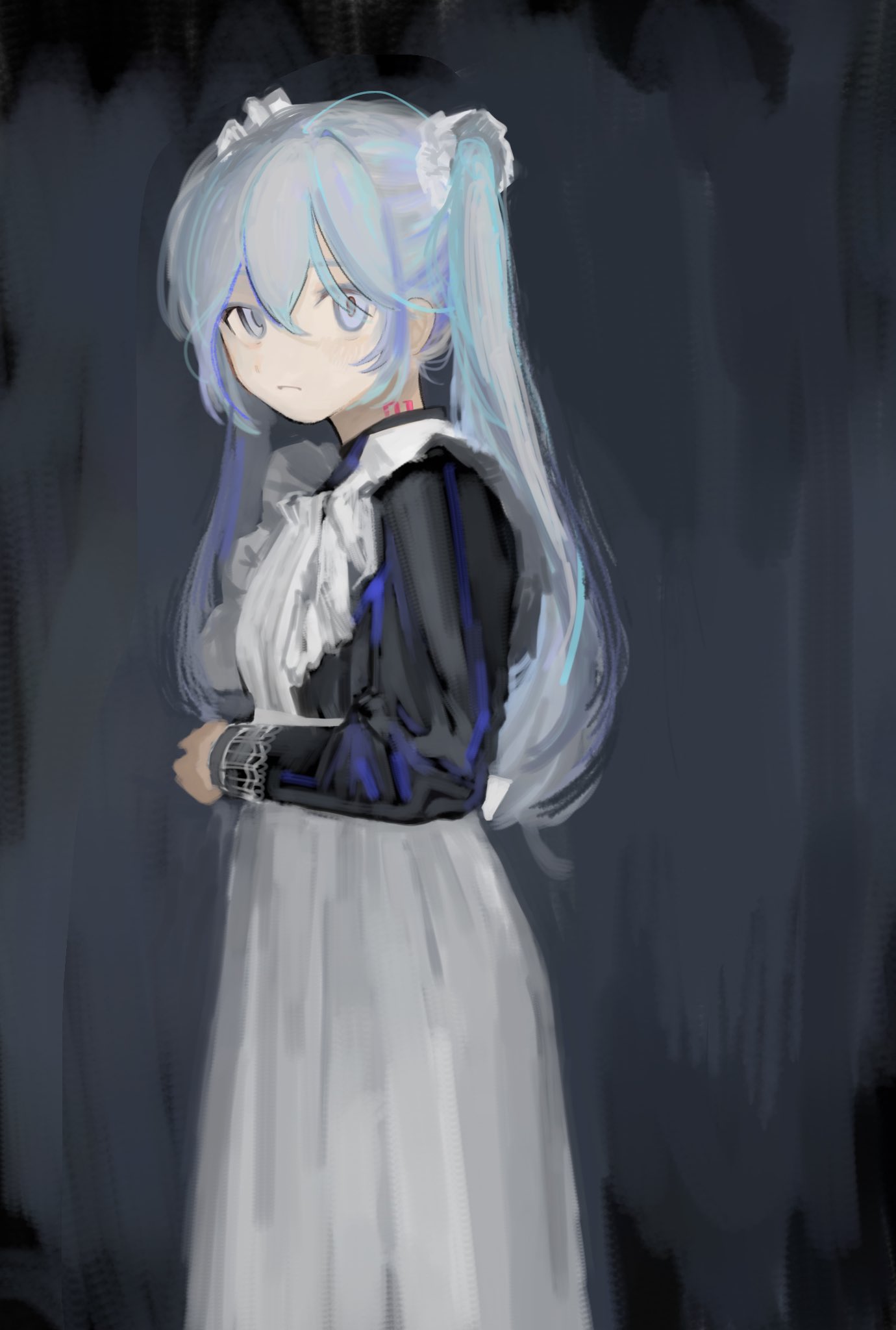 1girl apron aqua_hair black_dress blue_eyes blue_hair brush_stroke closed_mouth dark_background dark_blue_hair dress empty_eyes expressionless frilled_cuffs hair_ornament hair_scrunchie hatsune_miku highres light_blush long_sleeves looking_at_viewer maid maid_apron multicolored_hair nachi_shina number_tattoo own_hands_together pale_skin puffy_long_sleeves puffy_sleeves scrunchie solo streaked_hair tattoo vocaloid white_apron