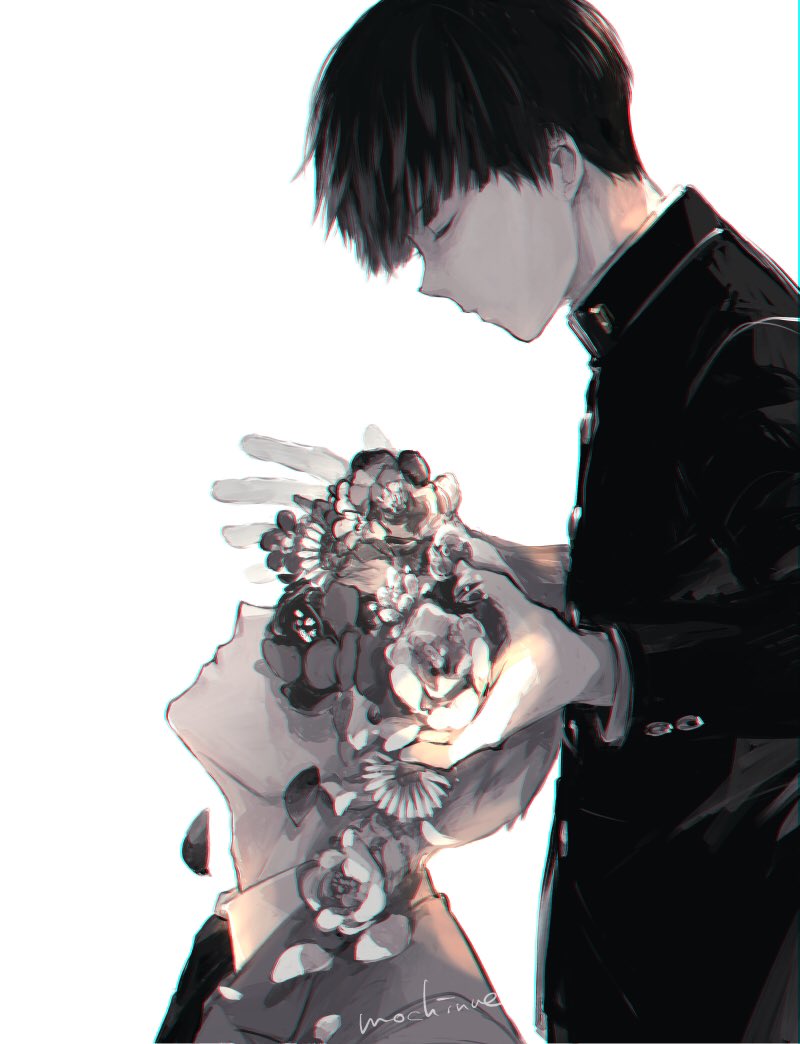 2boys artist_name bangs bowl_cut closed_eyes closed_mouth collared_shirt covered_mouth facing_up flower_wreath formal from_side gakuran jacket kageyama_shigeo long_sleeves male_focus mob_psycho_100 mochinue multiple_boys necktie petals profile reigen_arataka school_uniform shirt short_hair simple_background suit