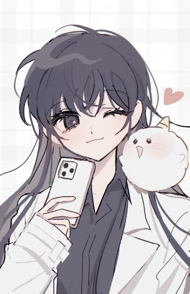 1girl bangs black_eyes black_hair black_shirt blush cellphone closed_mouth collared_shirt commentary genderswap genderswap_(mtf) grey_background heart holding holding_phone jacket kim_dokja long_hair long_sleeves looking_at_another omniscient_reader's_viewpoint one_eye_closed phone shin_yoosung shirt simple_background smartphone smile symbol-only_commentary upper_body white_jacket ya_qaq