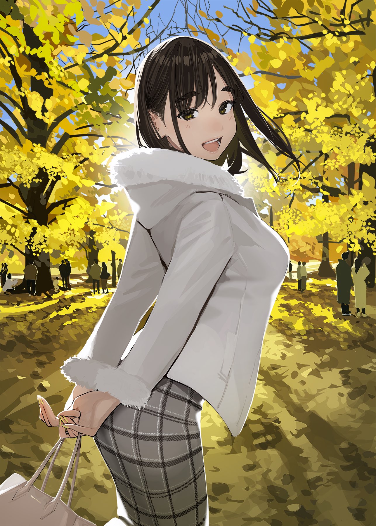 1girl :d autumn bag blush brown_eyes brown_hair commentary_request fingernails fur-trimmed_jacket fur_trim ganbare_douki-chan grey_skirt highres holding holding_bag jacket kouhai-chan_(douki-chan) long_sleeves looking_at_viewer nail_polish open_mouth outdoors plaid plaid_skirt short_hair skirt smile solo_focus teeth tree upper_teeth white_jacket yellow_nails yomu_(sgt_epper)