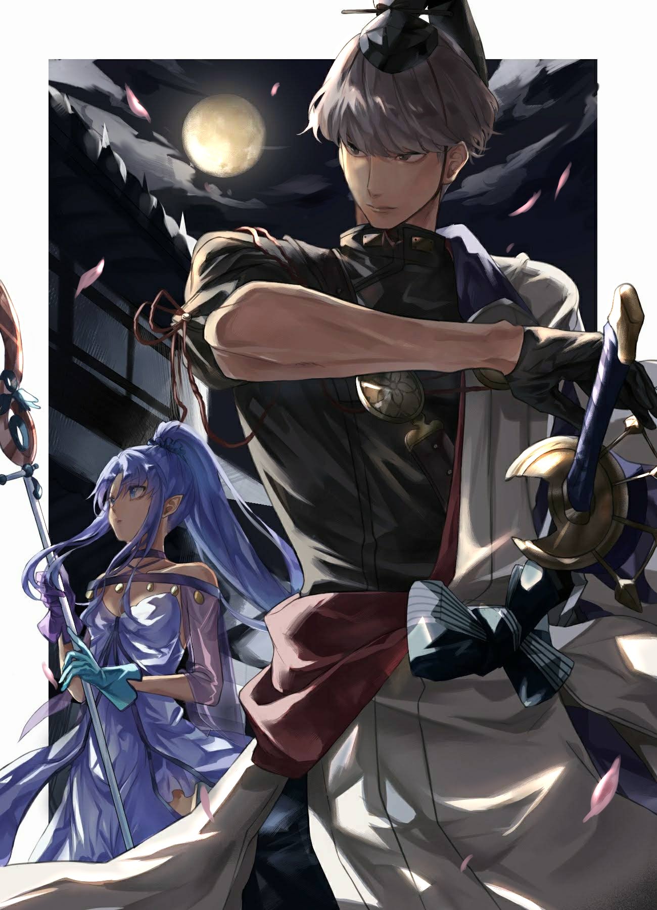 1boy 1girl asymmetrical_gloves black_gloves blue_eyes blue_hair fate/grand_order fate_(series) full_moon gloves grey_hair hat highres holding holding_staff long_hair medea_(lily)_(fate) mismatched_gloves moon night petals pointy_ears ponytail smosmomi staff sword watanabe_no_tsuna_(fate) weapon