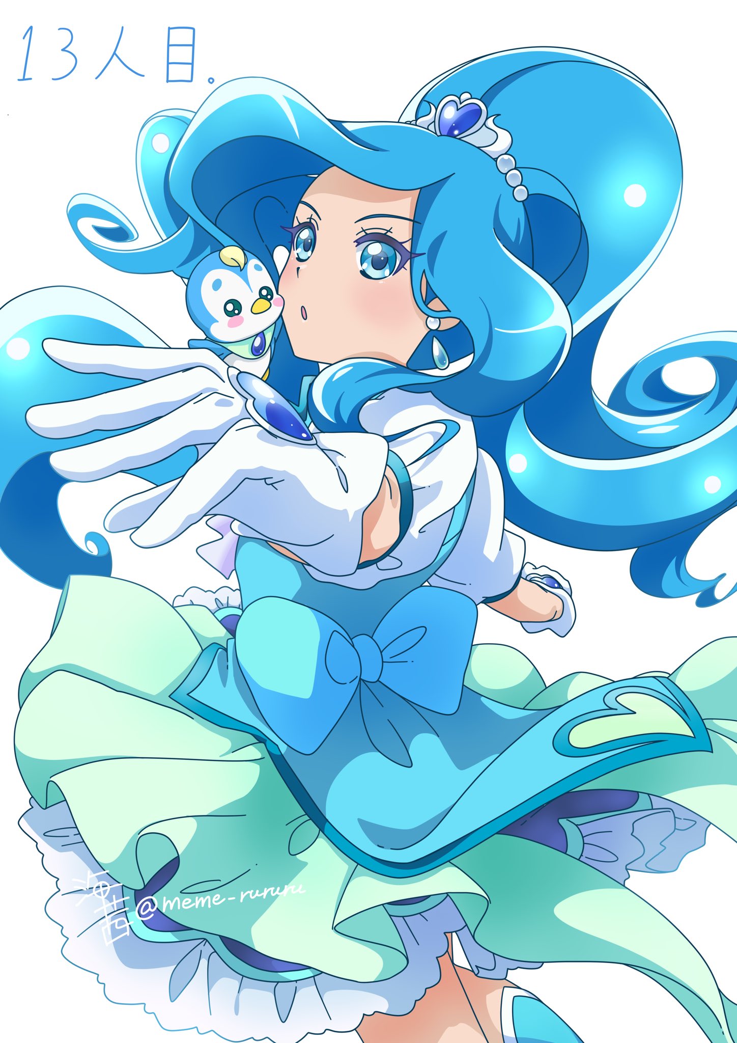 1girl 1other blue_choker blue_vest choker cure_fontaine earrings hair_ornament healin'_good_precure healing_animal heart heart_hair_ornament highres jewelry looking_at_viewer magical_girl meme_rururu open_mouth pegitan_(precure) pom_pom_(clothes) pom_pom_earrings precure sawaizumi_chiyu split_ponytail vest wide_ponytail