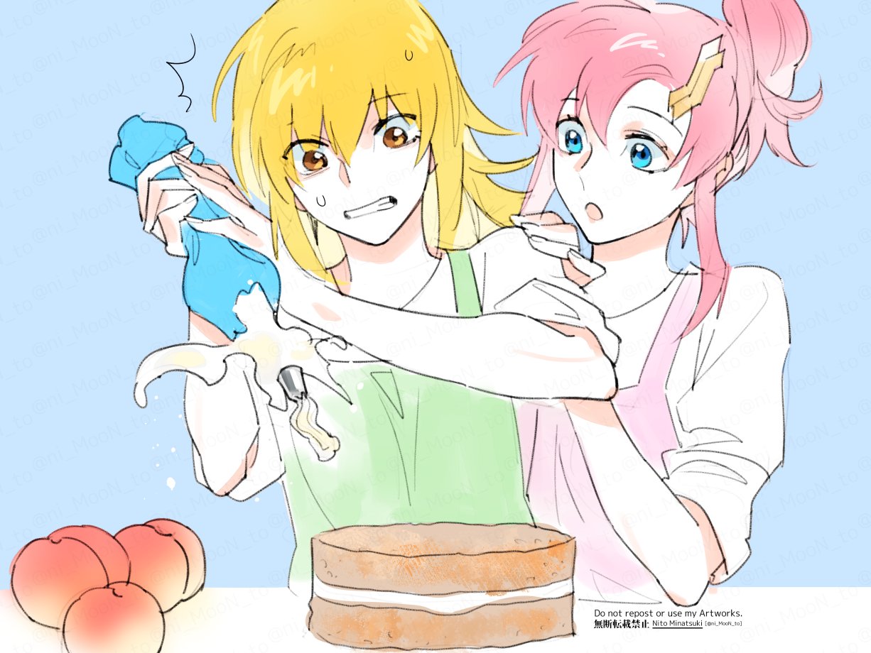 2girls apron artist_name blonde_hair blue_background blue_eyes brown_eyes cagalli_yula_athha cake clenched_teeth decorating food green_apron gundam gundam_seed hair_ornament hairclip hand_on_another's_shoulder icing lacus_clyne long_hair medium_hair multiple_girls nito_minatsuki parted_lips pink_apron pink_hair ponytail shirt sidelocks sleeves_rolled_up struggling sweatdrop teeth upper_body white_shirt wide-eyed