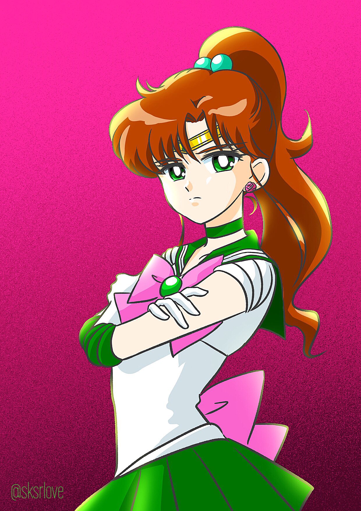 back_bow bangs bishoujo_senshi_sailor_moon bow bowtie brooch brown_hair choker circlet crossed_arms earrings elbow_gloves flower_earrings gem gloves green_choker green_eyes green_gemstone green_sailor_collar green_skirt hair_bobbles hair_ornament highres jewelry kino_makoto medium_hair miniskirt pink_bow pink_bowtie pleated_skirt ponytail sailor_collar sailor_jupiter shirt short_sleeves sidelocks skirt sksrlove white_gloves white_shirt