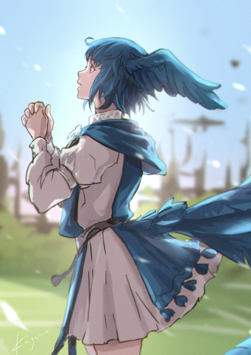 1girl bangs belt bird_girl bird_tail bird_wings blue_capelet blue_eyes blue_hair blue_sky blurry blurry_background capelet clear_sky collared_dress commentary cowboy_shot day dress feathered_wings final_fantasy final_fantasy_xiv from_side hands_up head_wings highres kazunokabeff looking_afar looking_ahead meteion open_mouth outdoors own_hands_clasped own_hands_together praying profile short_hair sky solo standing tail tassel white_dress wings