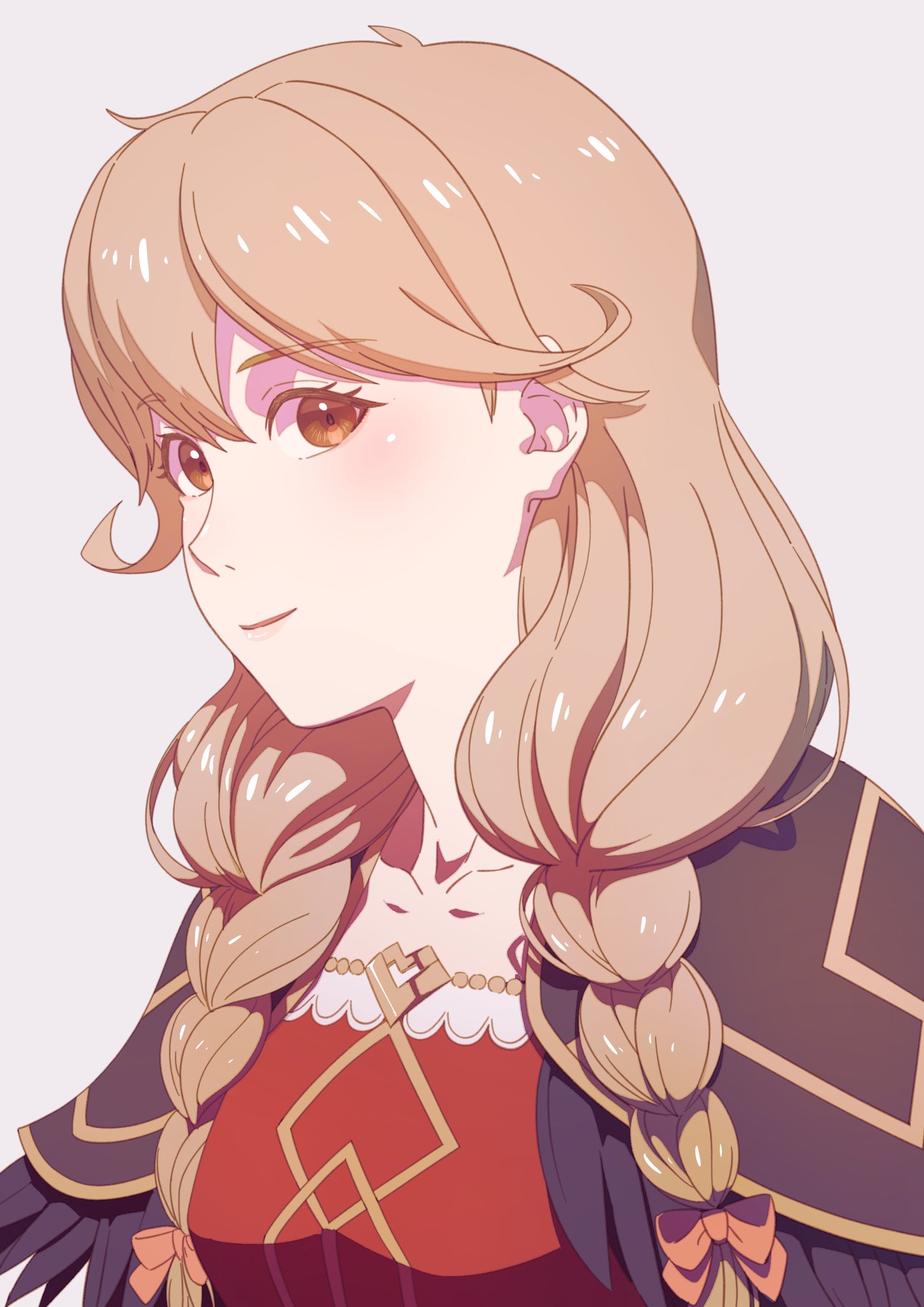 1girl aduti_momoyama bangs black_feathers bow braid brown_eyes closed_mouth collarbone eyelashes faye_(fire_emblem) feather_trim feathers fire_emblem fire_emblem_echoes:_shadows_of_valentia fire_emblem_heroes grey_background hair_between_eyes hair_bow highres light_brown_hair long_hair multiple_hair_bows pink_bow simple_background smile solo twin_braids twintails upper_body