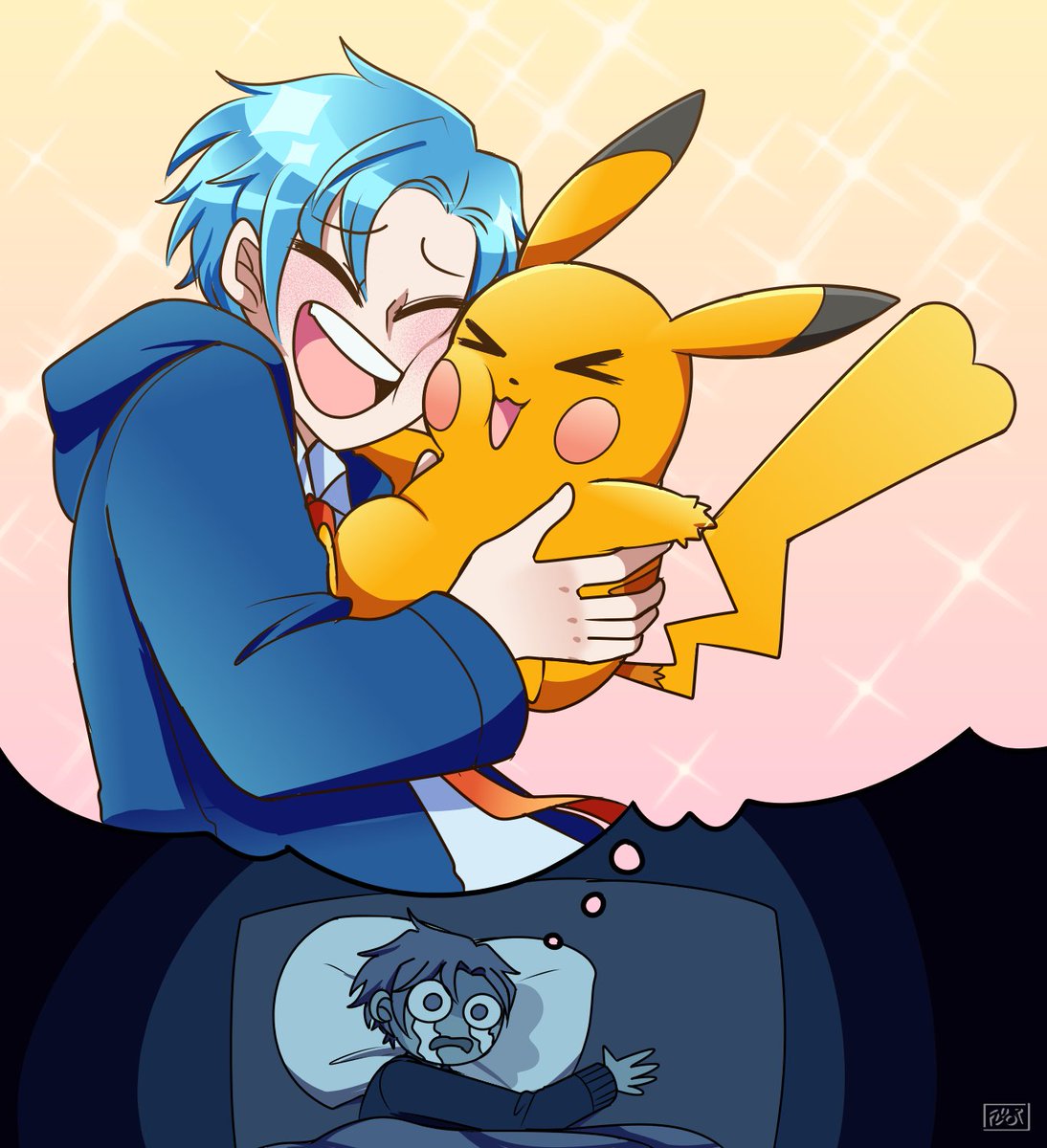 blue_hair closed_eyes crying crying_with_eyes_open fluorart highres holostars holostars_english holotempus hood hoodie hug long_sleeves open_mouth pikachu pillow pokemon pokemon_(creature) regis_altare short_hair sparkle_background tears thought_bubble virtual_youtuber
