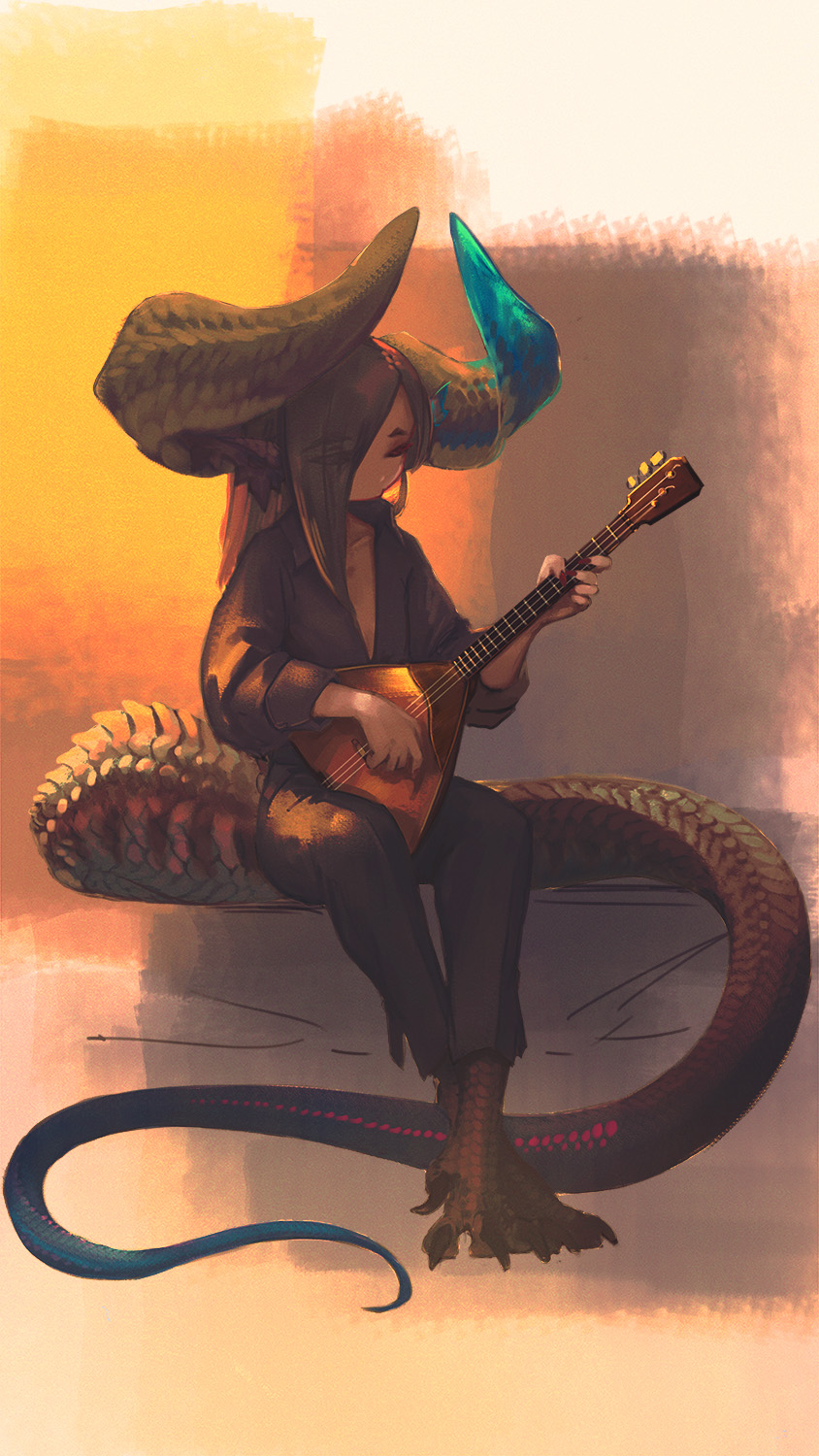 1girl animal_feet barefoot black_hair black_shirt closed_eyes crossed_ankles curled_horns dragon_girl dragon_horns dragon_tail full_body gradient_horns gradient_tail hair_over_one_eye hand_up highres horns instrument invisible_chair kmbk long_hair lute_(instrument) mismatched_horns monster_girl multicolored_horns music original playing_instrument plunging_neckline shirt sitting solo tail