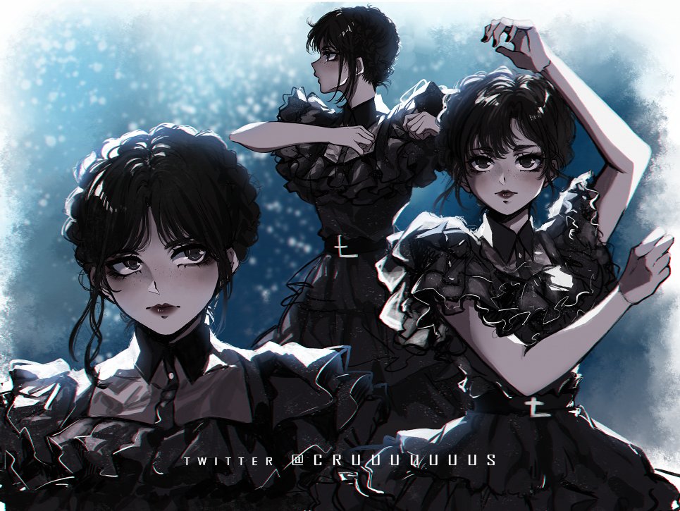 1girl arm_up bangs black_dress black_hair black_nails blue_background braid closed_mouth collared_dress criis-chan dress freckles frilled_dress frills hand_up hands_up looking_to_the_side multicolored_background multiple_views nail_polish open_mouth profile red_lips shiny shiny_hair shiny_skin short_hair short_sleeves twitter_username wednesday_(netflix) wednesday_addams white_background