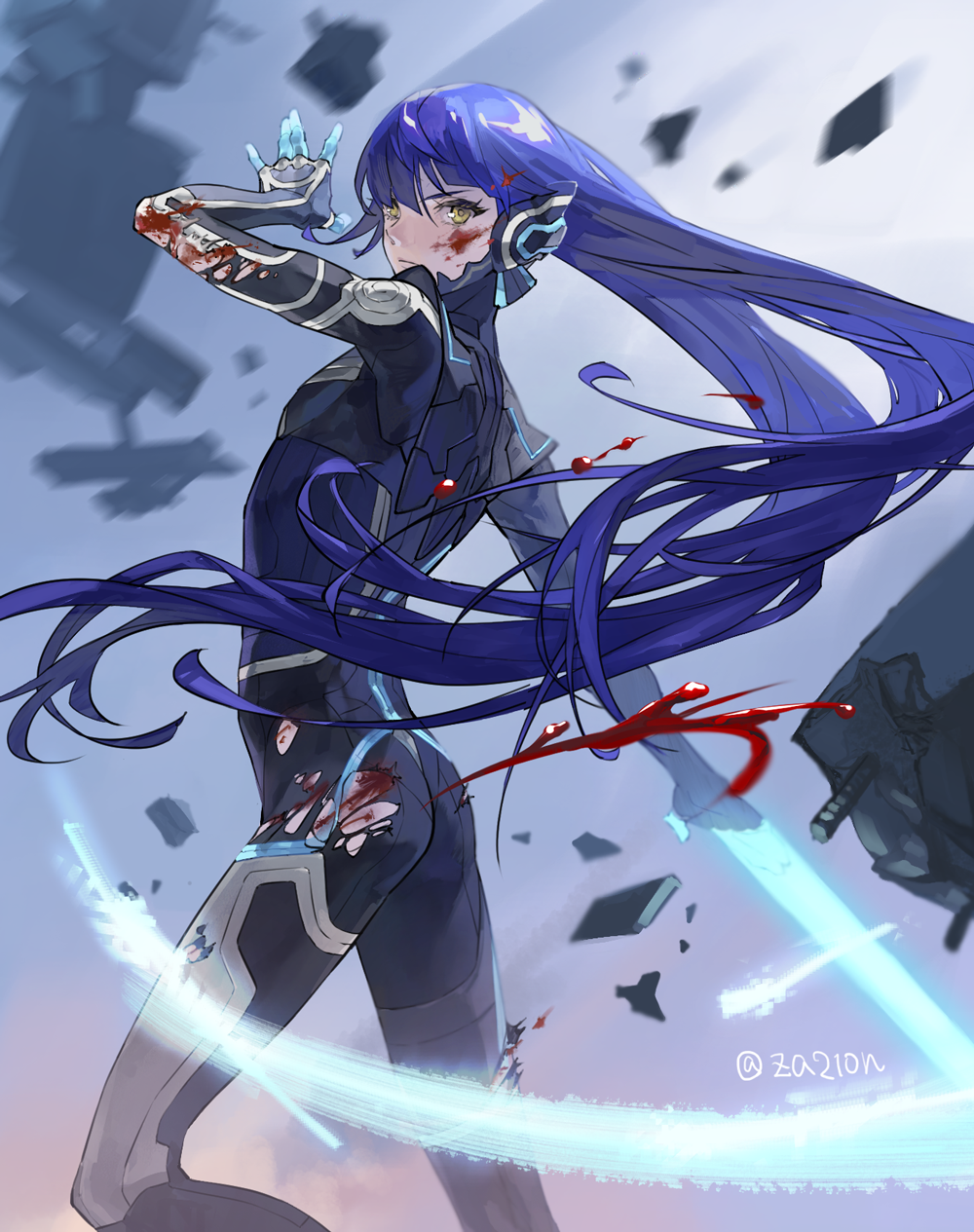 1boy androgynous arm_up artist_name ass bangs beam_saber black_bodysuit blood blood_on_clothes blood_on_face blue_hair blunt_bangs blurry blurry_background bodysuit closed_mouth commentary_request debris eyelashes floating floating_hair floating_object highres long_hair looking_at_viewer looking_to_the_side male_focus neon_trim protagonist_(smtv) serious shin_megami_tensei shin_megami_tensei_v sidelocks solo sword torn_bodysuit torn_clothes twitter_username very_long_hair weapon yellow_eyes za210n