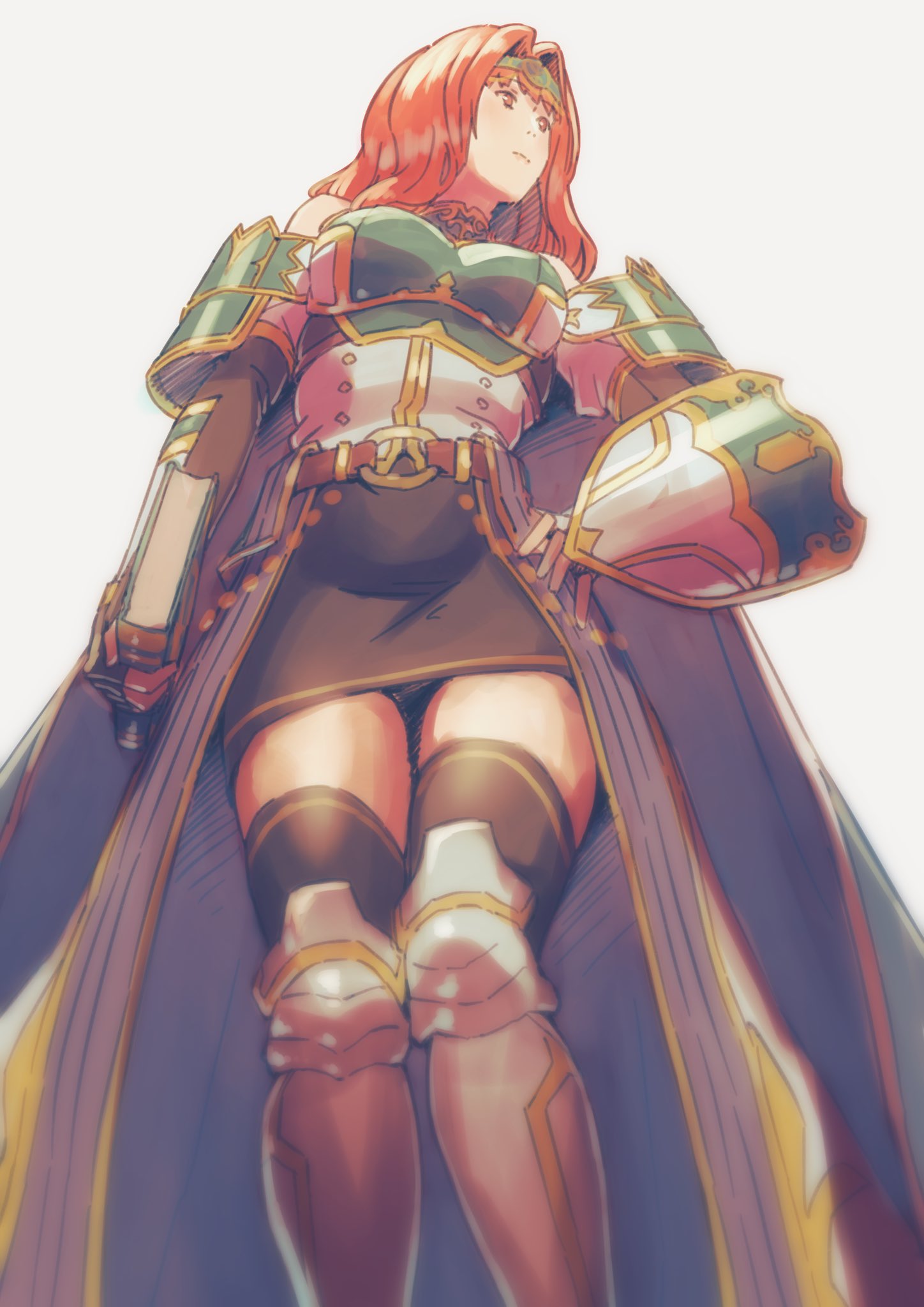 1girl aduti_momoyama armor bare_shoulders black_gloves black_skirt black_thighhighs boobplate book celica_(fire_emblem) closed_mouth elbow_gloves fingerless_gloves fire_emblem fire_emblem_echoes:_shadows_of_valentia fire_emblem_heroes from_below frown gloves greaves hairband hand_on_hip highres holding holding_book long_hair miniskirt overskirt red_eyes redhead simple_background single_horizontal_stripe skirt solo standing thigh-highs white_background zettai_ryouiki