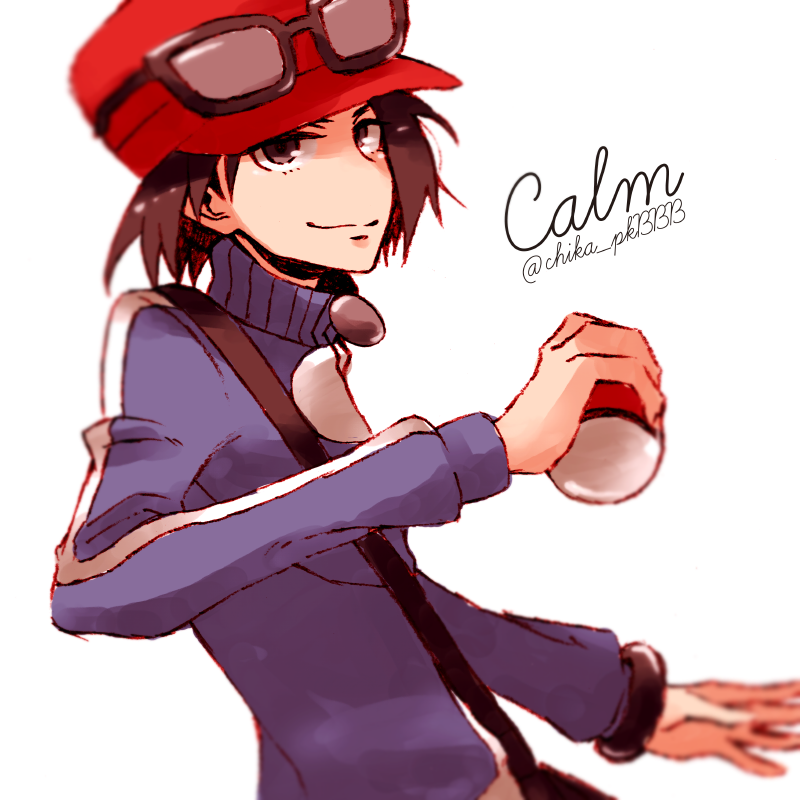 1boy black_hair blue_jacket calem_(pokemon) character_name chikada eyewear_on_headwear holding holding_poke_ball jacket long_sleeves looking_at_viewer male_focus mega_ring poke_ball poke_ball_(basic) pokemon pokemon_(game) pokemon_xy red_headwear simple_background solo sunglasses twitter_username upper_body white_background