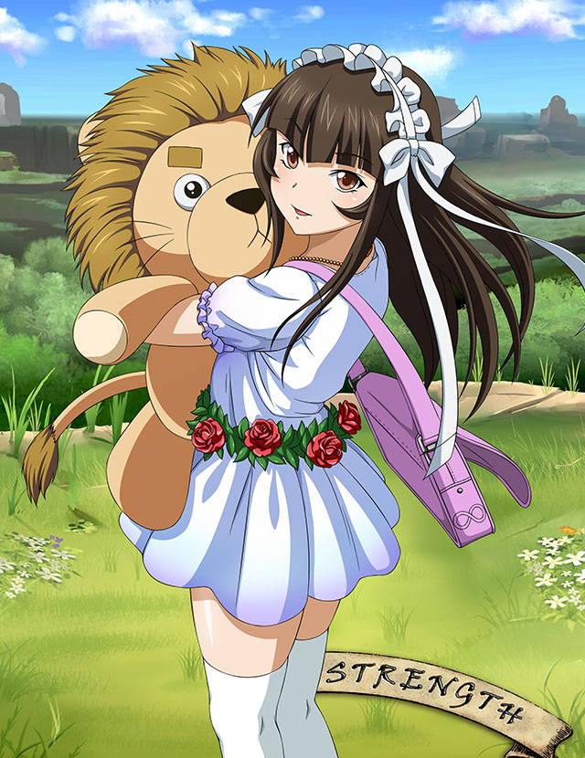 1girl bangs blunt_bangs bow brown_eyes brown_hair day dress floating_hair from_side hair_bow hair_ribbon holding ikkitousen long_hair looking_at_viewer looking_back open_mouth outdoors pleated_dress ribbon shiny shiny_hair shiny_skin short_dress short_sleeves solo standing stuffed_animal stuffed_lion stuffed_toy sundress ten'i_(ikkitousen) thigh-highs white_bow white_dress white_ribbon white_thighhighs zettai_ryouiki