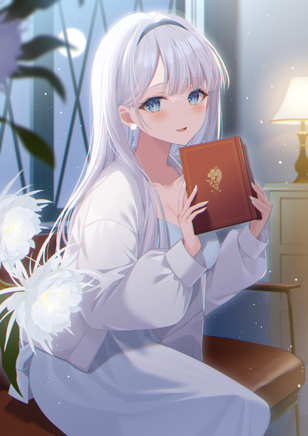 1girl :d black_hairband blue_dress blue_eyes blush book commentary_request dress epiphyllum flower full_moon grey_hair hairband hands_up highres holding holding_book indoors jacket long_hair long_sleeves looking_at_viewer moon myusha night night_sky open_clothes open_jacket original puffy_long_sleeves puffy_sleeves sky smile solo very_long_hair white_flower white_jacket window