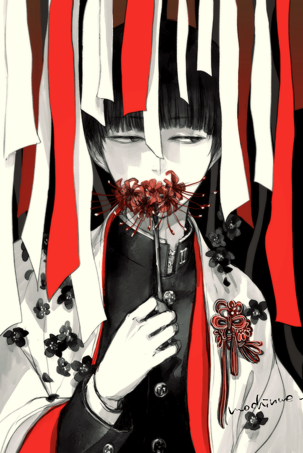 1boy artist_name bangs bowl_cut coat covered_mouth flower flower_over_mouth gakuran hand_up holding holding_flower japanese_clothes kageyama_shigeo long_sleeves looking_away male_focus mob_psycho_100 mochinue monochrome red_flower ribbon romaji_text school_uniform short_hair sideways_glance simple_background solo spider_lily upper_body