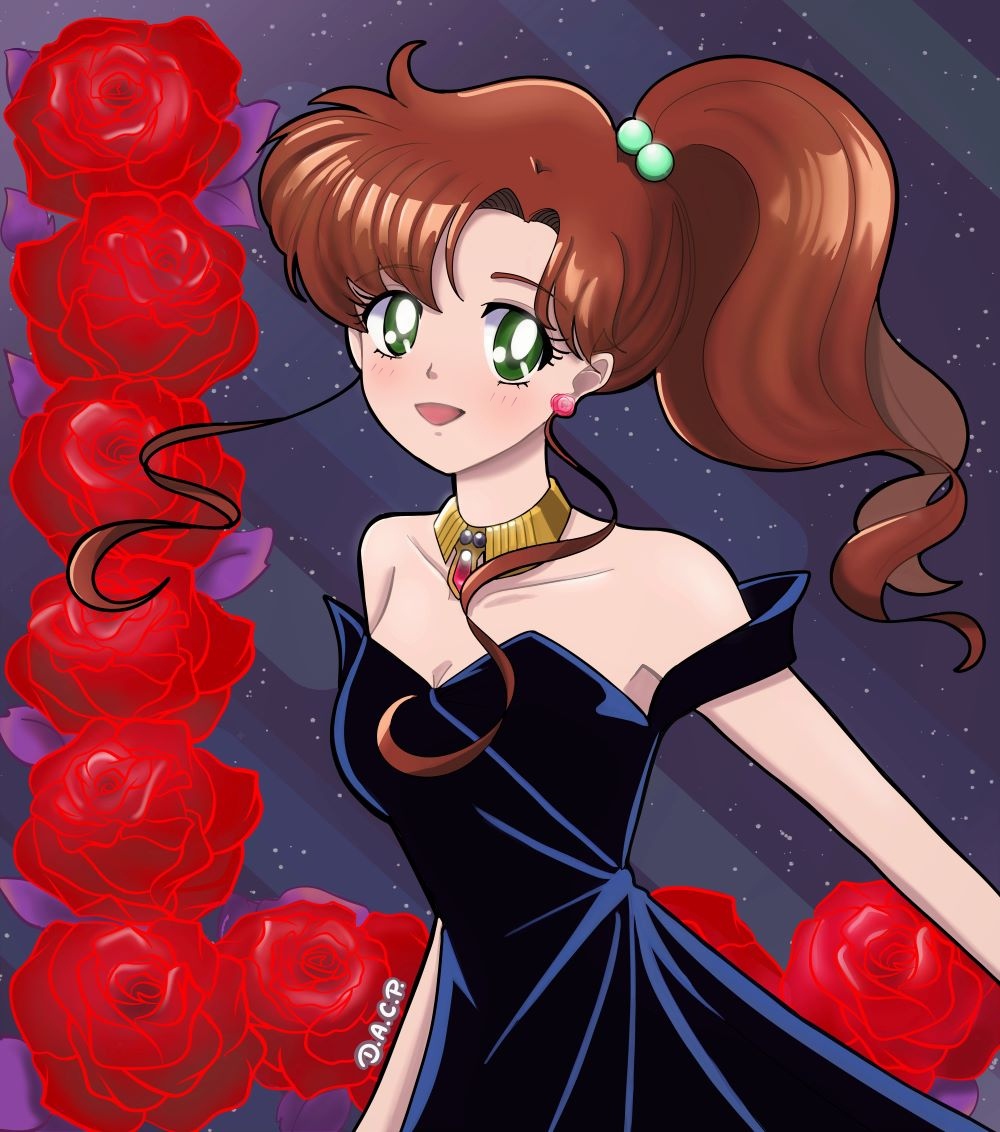 bangs bishoujo_senshi_sailor_moon black_dress brown_hair deniacp dress earrings flower_earrings green_eyes hair_bobbles hair_ornament jewelry kino_makoto medium_hair necklace ponytail sidelocks smile