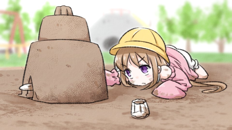 1girl bare_shoulders bloomers blurry blurry_background brown_hair commentary concentrating cup digging dress hat long_hair lying neon-tetora on_stomach outdoors pink_dress playground playing sand sand_castle sand_sculpture school_hat shovel solo tsukuyomi_ai underwear v-shaped_eyebrows violet_eyes voiceroid yellow_headwear