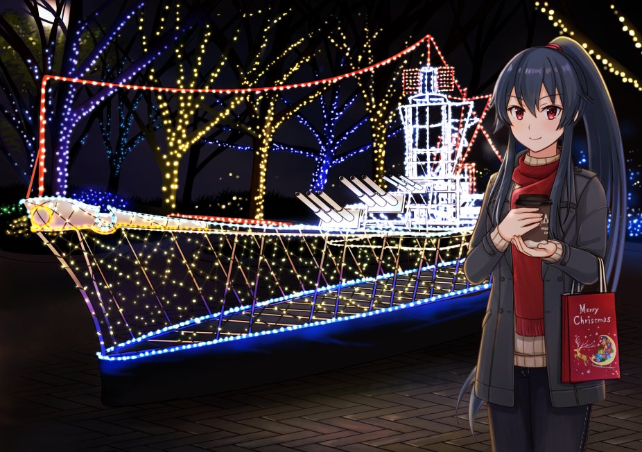 1girl bag black_hair black_jacket black_pants brown_sweater christmas_lights cup disposable_cup hitakikan holding holding_cup jacket kantai_collection long_hair long_sleeves merry_christmas open_clothes open_jacket outdoors pants ponytail red_eyes red_scarf scarf shopping_bag sidelocks solo standing sweater very_long_hair yahagi_(kancolle) yamato_(battleship)