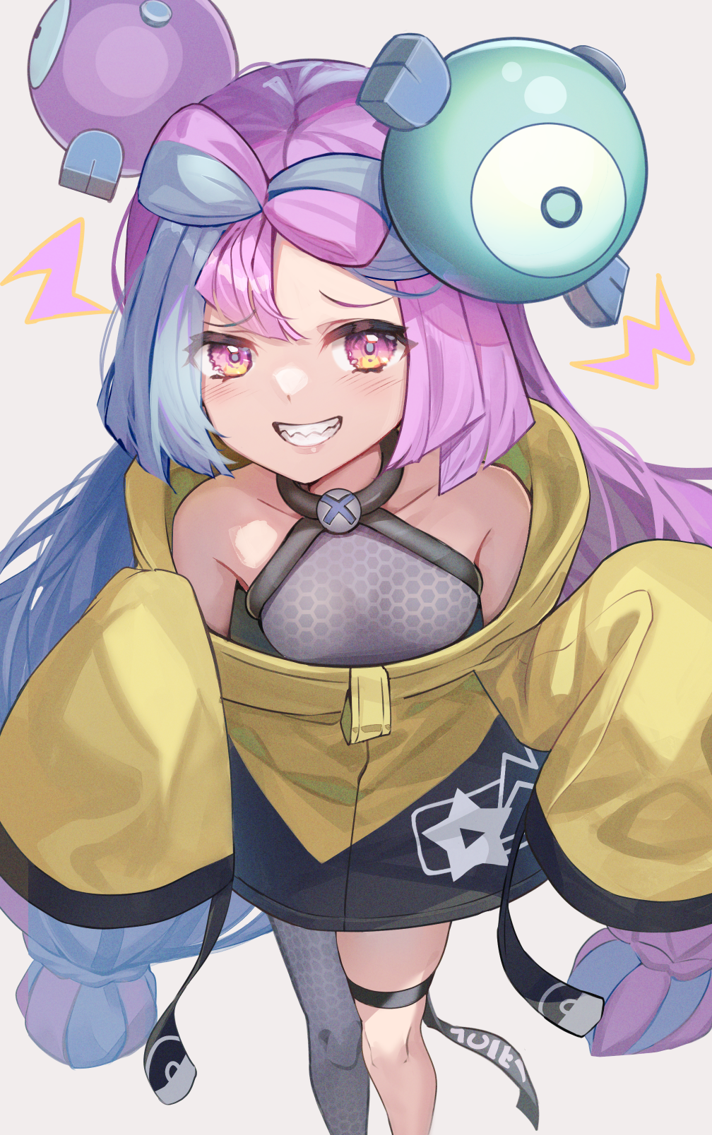 1girl bow-shaped_hair character_hair_ornament grey_pantyhose hair_ornament hexagon_print highres hopepe iono_(pokemon) jacket long_hair low-tied_long_hair multicolored_hair oversized_clothes pantyhose pokemon pokemon_(game) pokemon_sv sharp_teeth single_leg_pantyhose sleeves_past_fingers sleeves_past_wrists solo split-color_hair teeth twintails very_long_sleeves x yellow_jacket