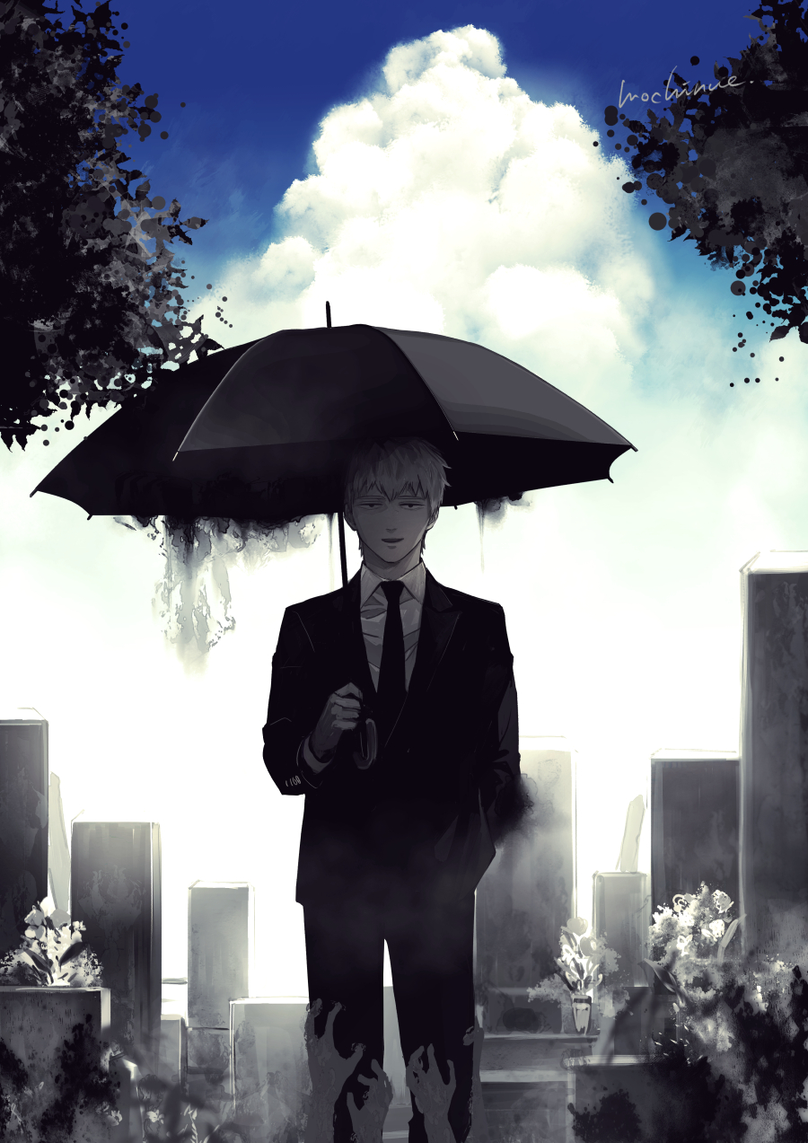 1boy artist_name bangs blue_sky collared_shirt day flower formal graveyard highres holding holding_umbrella jacket leg_grab long_sleeves looking_at_viewer male_focus mob_psycho_100 mochinue necktie out_of_frame outdoors pants partially_colored reigen_arataka shirt short_hair sky smile smoke solo standing suit tombstone tree umbrella vase