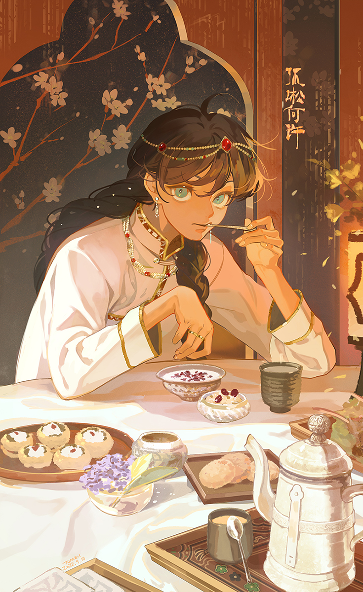 1girl androgynous aqua_eyes artist_name bangs bead_necklace beads black_hair bowl braid chinese_clothes circlet cup dated dessert dim_sum earrings eating fingernails floral_print flower food hair_over_shoulder hands_up highres holding holding_spoon indoors jewelry lamp long_hair long_sleeves looking_at_viewer motion_blur multiple_rings necklace original painting_(object) petals pov_across_table purple_flower ring solo spoon tangzhuang tea teapot toggles tray tumeii twin_braids twintails upper_body vase yellow_flower yunomi