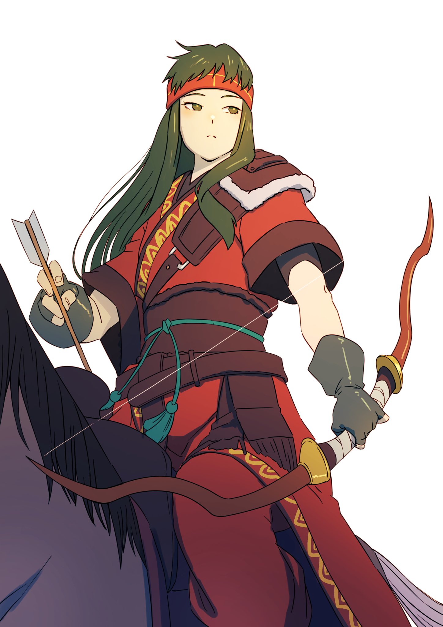 1girl aduti_momoyama animal arrow_(projectile) bow_(weapon) brown_sash closed_mouth dark_green_hair fingerless_gloves fingernails fire_emblem fire_emblem:_the_binding_blade frown fur_trim gloves green_eyes grey_gloves headband highres holding holding_arrow holding_bow_(weapon) holding_weapon horse horseback_riding long_hair looking_to_the_side pants red_headband red_pants riding saddle sash short_sleeves sidelocks simple_background split_mouth straight_hair sue_(fire_emblem) tassel weapon white_background yellow_pupils