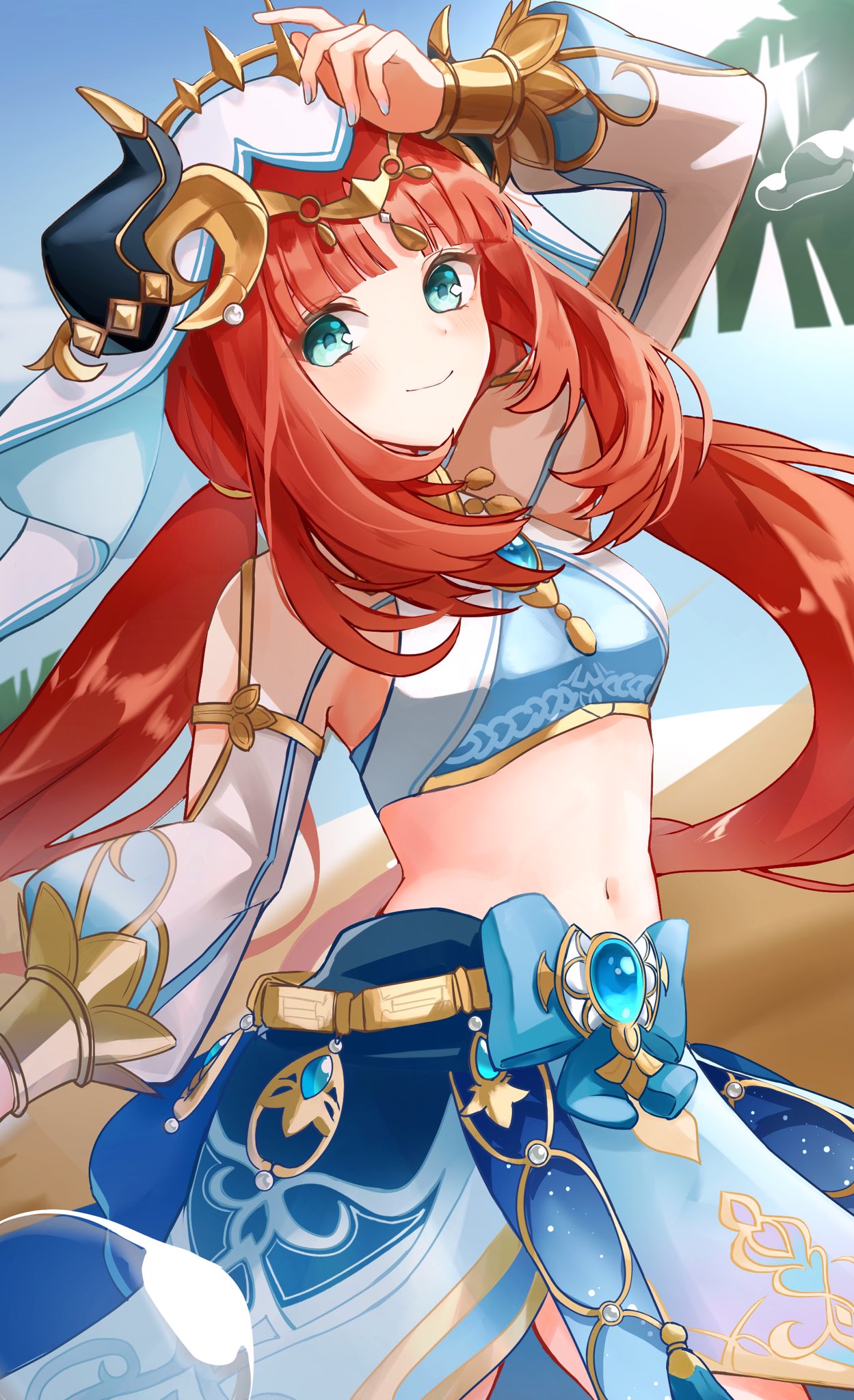 1girl 7_nlam aqua_eyes arm_up bangs blue_bow blue_gemstone blue_nails blue_skirt blue_sky blunt_bangs blush bow bracer breasts brooch circlet closed_mouth cowboy_shot crop_top dancer day detached_sleeves fake_horns floating_hair gem genshin_impact gold_trim harem_outfit highres horns jewelry long_sleeves looking_at_viewer low_twintails medium_breasts nail_polish navel neck_ring nilou_(genshin_impact) outdoors palm_tree parted_bangs puffy_long_sleeves puffy_sleeves sand skirt sky smile solo stomach tree twintails veil white_headwear