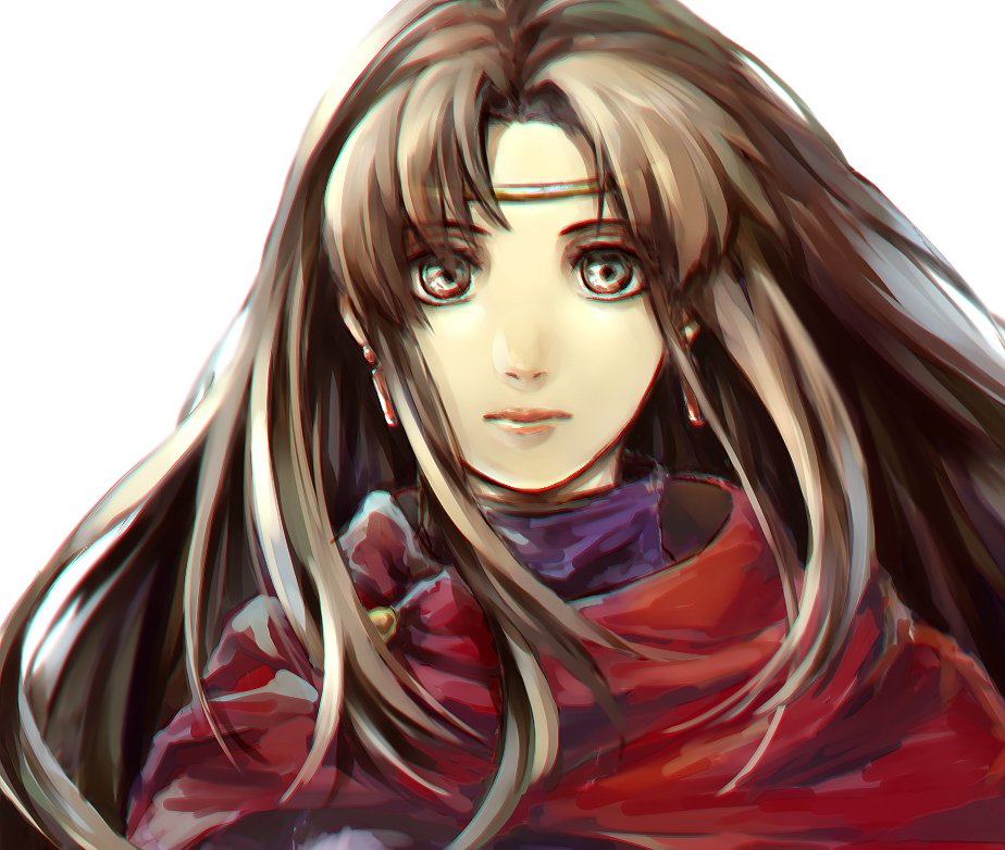 1girl brown_eyes brown_hair cape circlet closed_mouth earrings gensou_suikoden gensou_suikoden_i headband ikunosake jewelry long_hair looking_at_viewer odessa_silverberg simple_background solo white_background