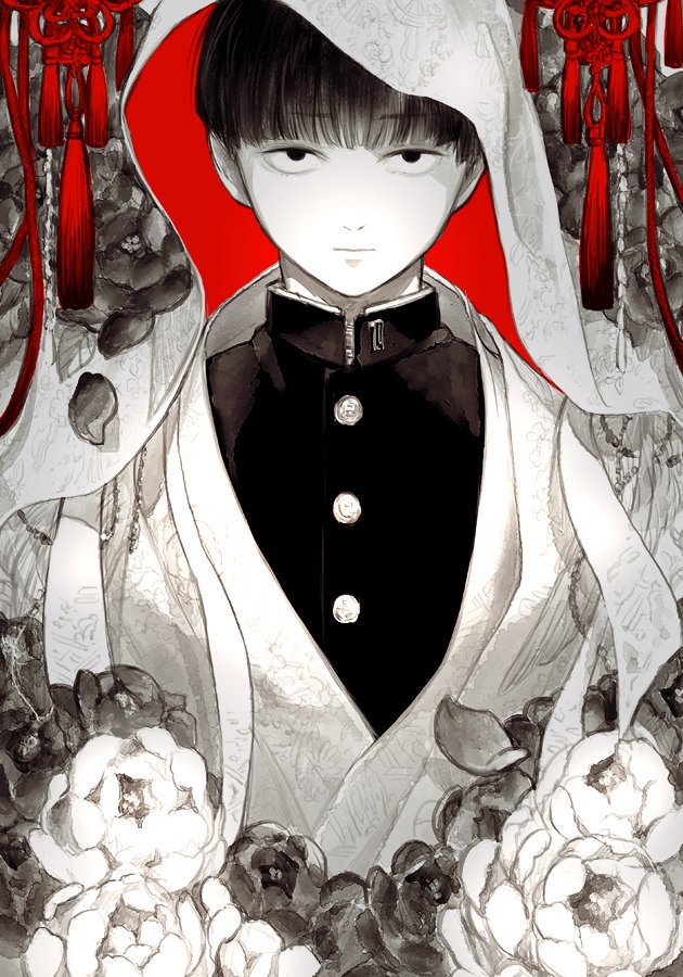 artist_name bangs bowl_cut coat flower gakuran hood kageyama_shigeo long_sleeves looking_at_viewer male_focus mob_psycho_100 mochinue monochrome petals ribbon sanpaku school_uniform short_hair straight-on tassel two-sided_fabric two-sided_headwear upper_body