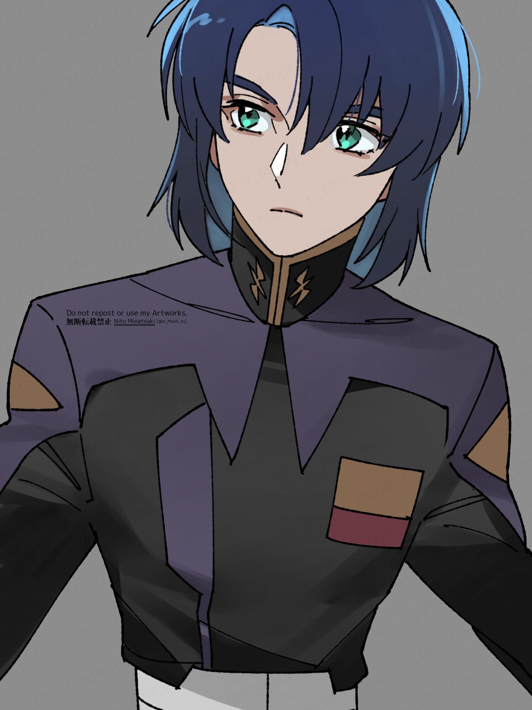 1boy artist_name asymmetrical_bangs athrun_zala bangs closed_mouth green_eyes grey_background gundam gundam_seed hair_between_eyes high_collar highres long_sleeves looking_to_the_side male_focus medium_hair military military_jacket military_uniform nito_minatsuki parted_bangs solo uniform upper_body