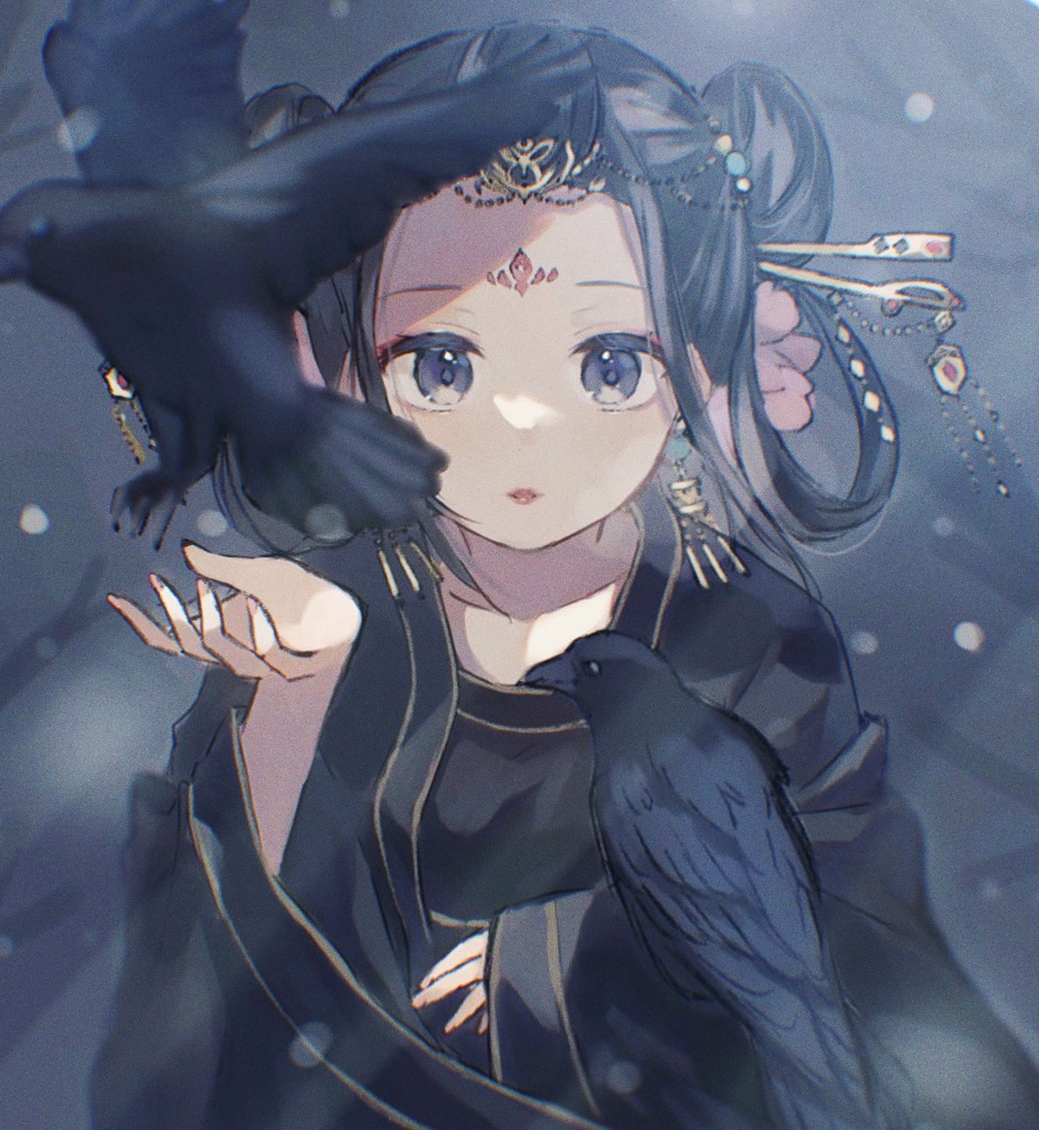 1girl animal bird black_dress black_hair commentary_request crow double_bun dress facial_mark flower forehead forehead_mark from_above grey_eyes hair_bun hair_flower hair_ornament hair_rings hair_stick hand_up koukyuu_no_karasu liu_shouxue long_hair long_sleeves looking_at_viewer looking_up parted_lips pink_flower red_lips shano-pirika sleeves_past_wrists solo wide_sleeves