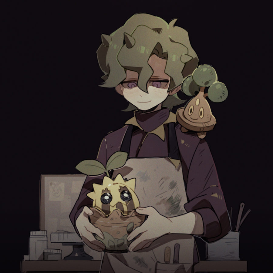 1boy aged_down apron black_background bonsly brassius_(pokemon) flower_pot green_hair holding_flower_pot jar luminous_slime male_focus on_shoulder paintbrush pokemon pokemon_(creature) pokemon_(game) pokemon_on_shoulder pokemon_sv smile sunkern violet_eyes