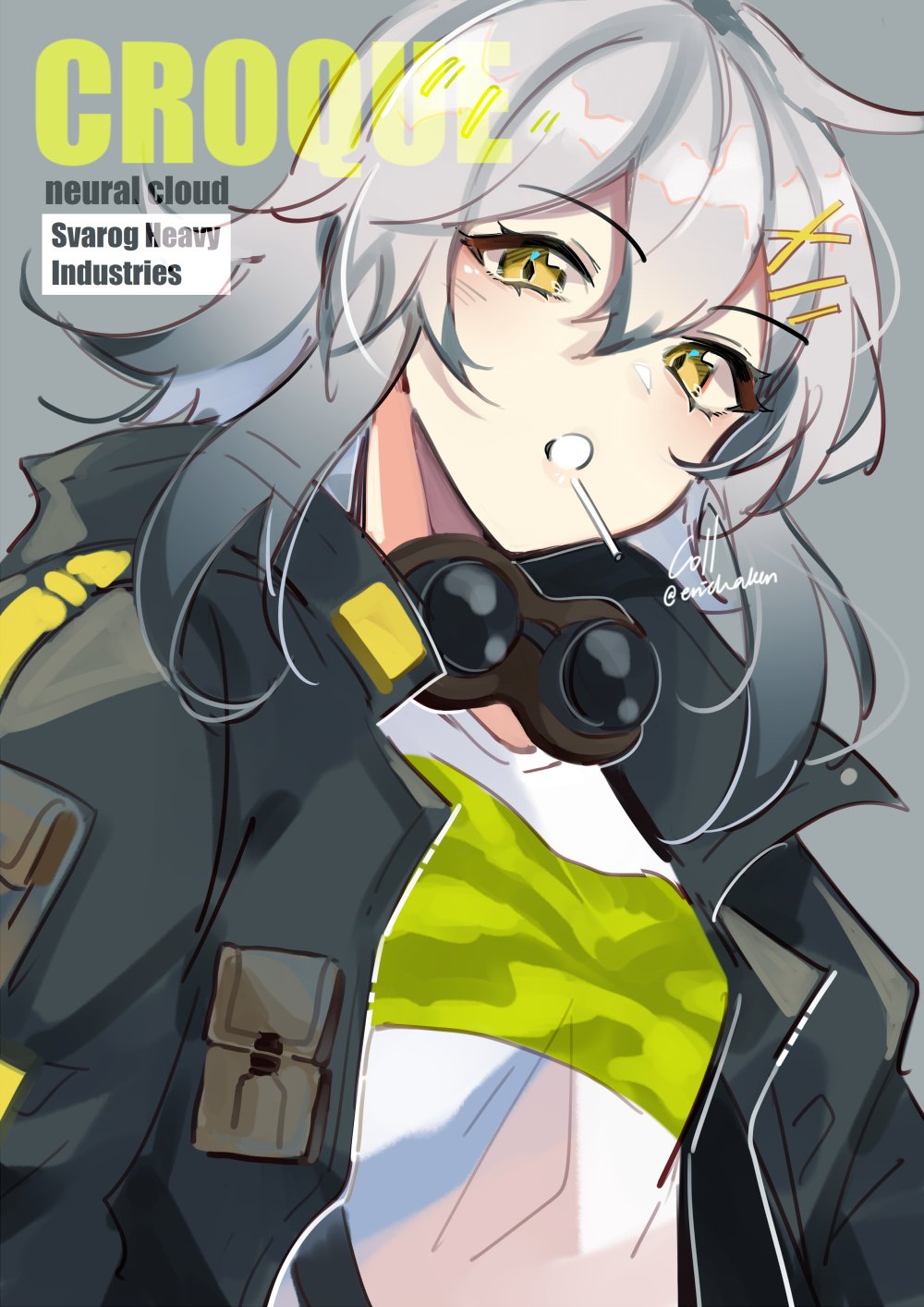 1girl black_jacket breasts candy character_name coll_(erichankun) commentary copyright_name croque_(girls'_frontline_nc) food girls'_frontline_neural_cloud girls_frontline goggles goggles_around_neck gradient_hair grey_background grey_hair hair_between_eyes hair_ornament hairclip highres jacket lollipop long_hair looking_at_viewer multicolored_hair open_clothes open_jacket open_mouth shirt signature simple_background small_breasts solo t-shirt twitter_username upper_body yellow_eyes