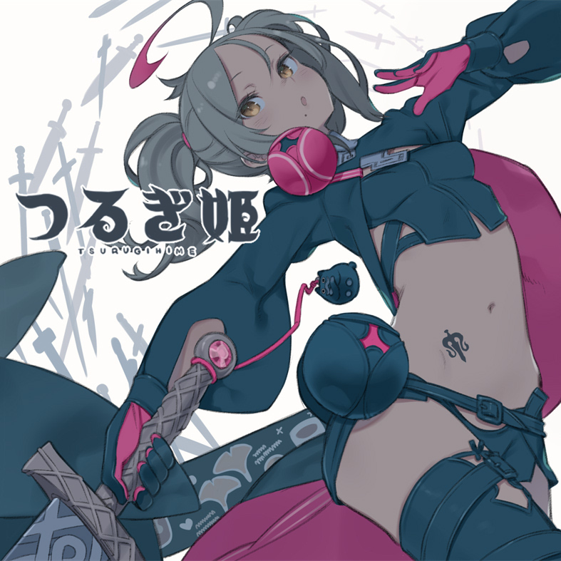 1girl :o ahoge belt breasts brown_eyes cape cowboy_shot crop_top gloves gradient_hair grey_hair holding holding_sword holding_weapon kuroboshi_kouhaku medium_hair mole mole_under_mouth multicolored_hair multiple_swords navel open_mouth pink_hair sheath short_shorts shorts shrug_(clothing) small_breasts solo stomach_tattoo sword tattoo thigh-highs thigh_belt thigh_strap tsurugihime twintails two-tone_background two-tone_gloves two-tone_hair weapon