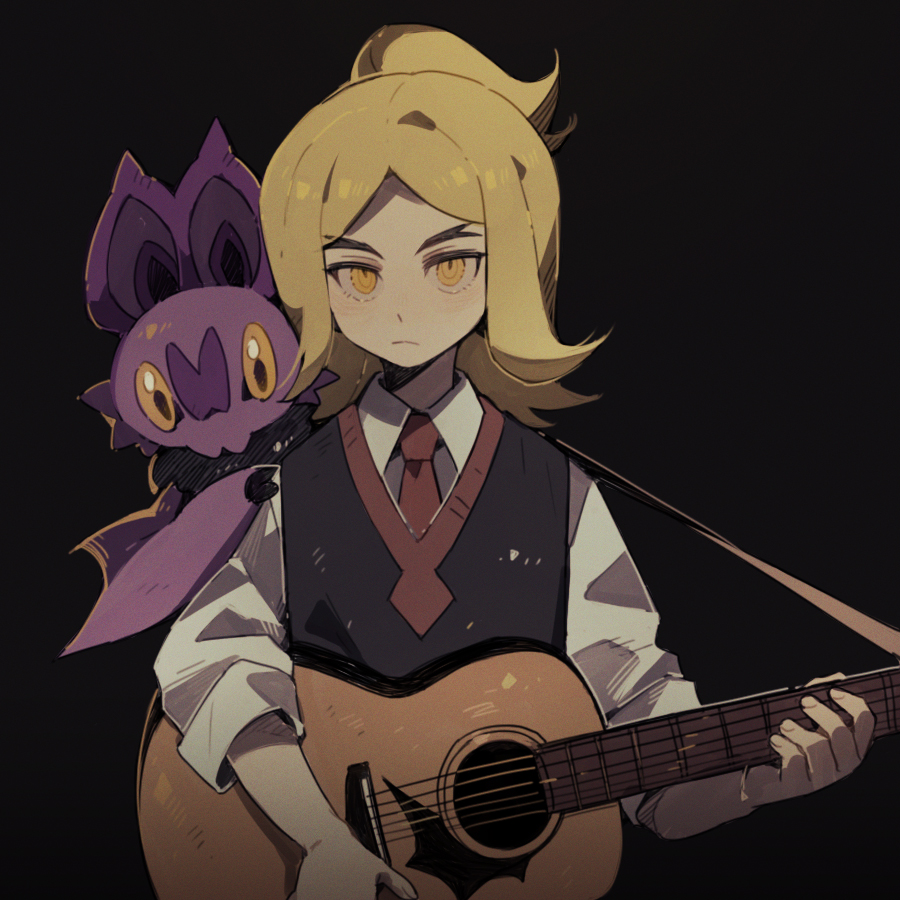 1boy aged_down black_background blonde_hair guitar hassel_(pokemon) holding holding_instrument instrument luminous_slime male_focus necktie noibat on_shoulder pokemon pokemon_(creature) pokemon_(game) pokemon_on_shoulder pokemon_sv shirt sweater_vest white_shirt yellow_eyes